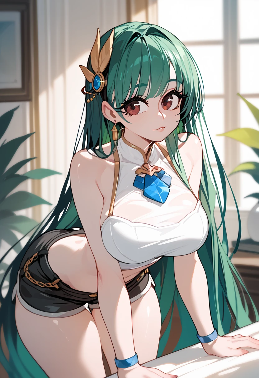 1girl, kochiya sanae, touhou //// masterpiece, best quality, very aesthetic, absurdres, newest, rating:nsfw ///// by nyantcha, cutesexyrobutts,by khyle ///// only bikini,transparent bikini inserts, transparent white bikini ///// green hair, green hair, hair ornament, shrine