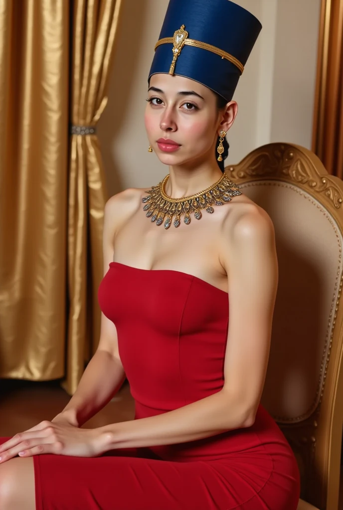 1woman LaGermania posing in identical clothes as the Girl with a Pearl Earring in front of the Girl with a Pearl Earring. LaGermania wears a dark blue turban intricately wrapped around her head, with a golden yellow scarf cascading over her shoulder, made of rich silk with fine, shimmering threads. Her outfit includes a modest, dark brown dress with a delicate white collar and cuffs, crafted from soft, high-quality fabric. The pearl earring, a single large, lustrous gem, dangles from her ear, reflecting the soft light. The background features the Girl with a Pearl Earring painting, framed elegantly in a simple, dark wood frame, enhancing the timeless, classic beauty of the scene. LaGermania’s pose is turned slightly over her shoulder, with her gaze directed towards the viewer, capturing the enigmatic allure and subtle grace of the original portrait.