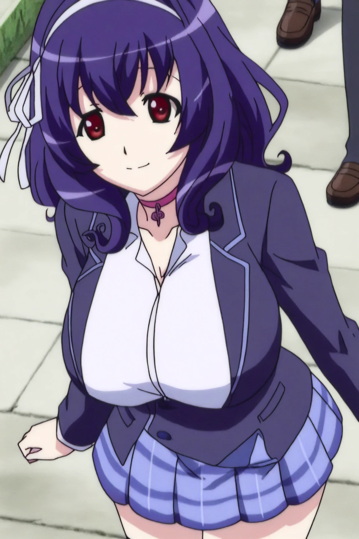 score_9, score_8_up, score_7_up, 1girl, solo, masterpiece, best quality, detailed, narrow waist, wide hips, huge breasts, huge ass, furude rika, blue hair, purple eyes, white shirt, pink bow, suspenders, black skirt, button gap, bursting breasts, pleated skirt, anime screencap