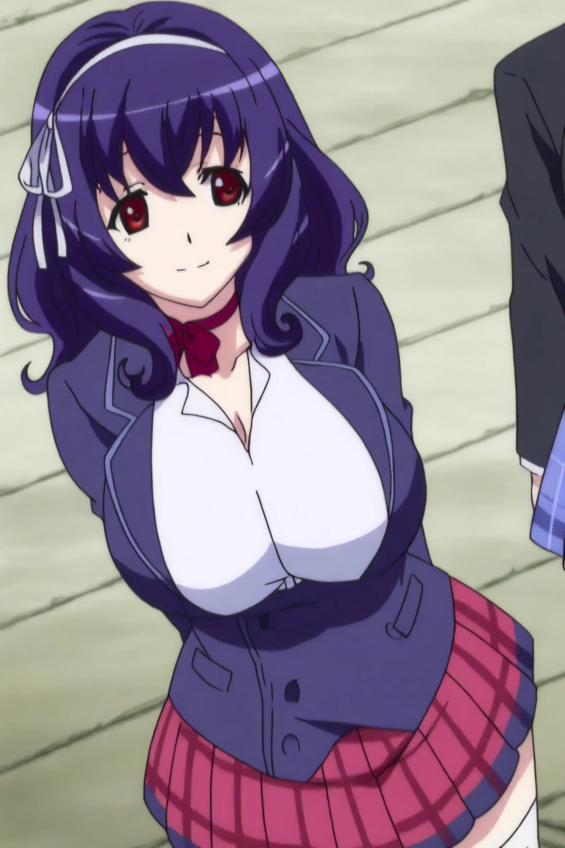 score_9, score_8_up, score_7_up, 1girl, solo, masterpiece, best quality, detailed, narrow waist, wide hips, huge breasts, huge ass, furude rika, blue hair, purple eyes, white shirt, pink bow, suspenders, black skirt, button gap, bursting breasts, pleated skirt, anime screencap