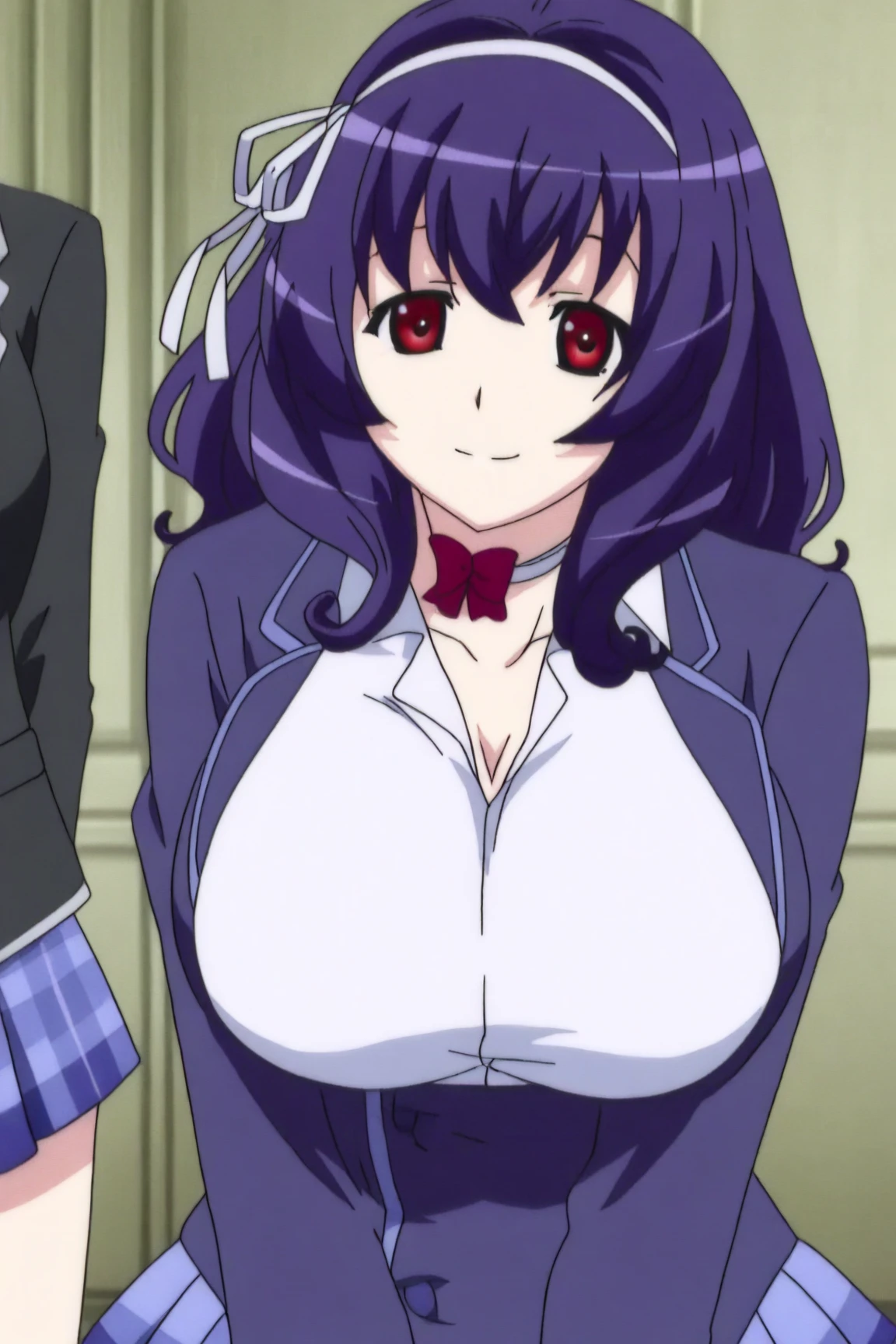 rito, anime_art_style, 1girl, solo, long_hair, breasts, open_mouth, bangs, large_breasts, bow, animal_ears, cleavage, hair_between_eyes, medium_breasts, purple_eyes, short_sleeves, frills, fang, puffy_sleeves, rabbit_ears, :o, apron, puffy_short_sleeves, wrist_cuffs, maid, maid_headdress, detached_collar, fake_animal_ears, waist_apron, white_apron, index_finger_raised, maid_apron
