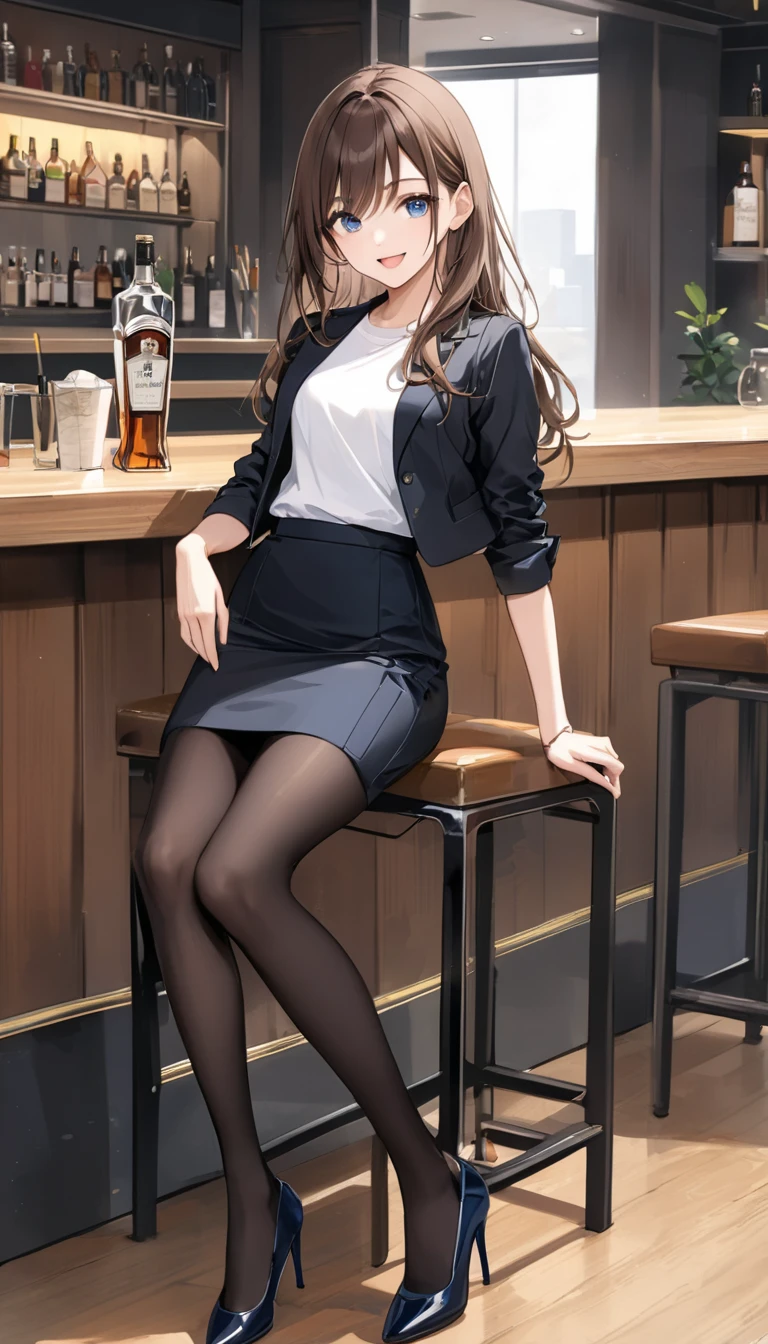 Photorealistic, just like image but real girl, waitress in a bar club leaning on a bar doing a standing split, (((black hair)(long black wavy hair with bangs, black bangs hair))), black pantyhose with cotton gusset at the crotch, skimpy black waitress uniform with a ((wearing a gold name tag on her shirt)), 20 yrs old, black sheer gloss pantyhose,  cute bubble butt in pantyhose out to the side, (((black pantyhose with cotton panel crotch))), one leg is straight up hyper extended, holding leg up with one arm, hand grabbing ankle of leg that is up, girl face is beautiful and looking right at the camera, photorealistic, shiny realistic black pantyhose, she leans on a bar in a night club, (((sexy waitress at a fancy NY bar)))