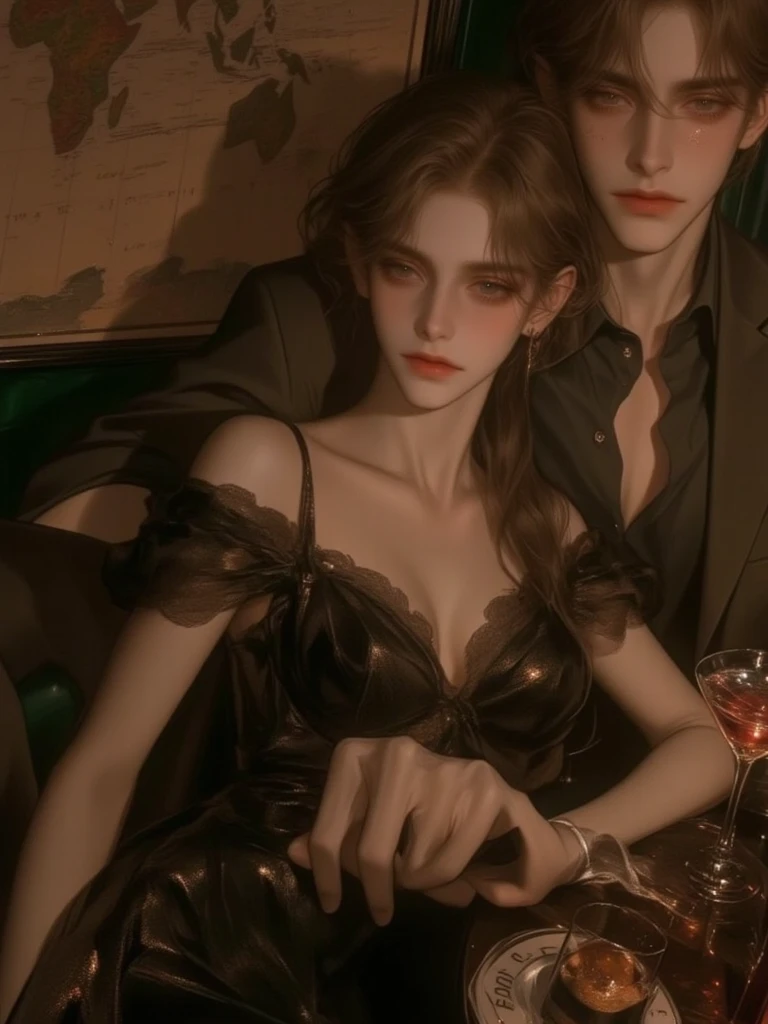 (absurdres, highres, ultra detailed), detailed face, perfect face, perfect lines, perfect eyes, enlarged textures, detailed eyes, 1woman, 1man, (beautiful, (( blond hair)), green eye, ((pixie cut)),((parted bangs)), slender body, Bullish gaze),  (flat chest:1.4), (lace dress:1.4), tomboy, ((messy hair, (black hair's guy), slant eyes, A man in his 20s with a cool expression, Handsome, tall muscular guy), Man wearing leather jacket, a men and a girl are having a date, they is sitting at a table and eating, talking with each other, outdoor date, romantic, romantic scenery, cinematic lighting, cinematic scenery, sunlight, romantic, soft light, wallpaper, expanding landscape,  smile, happiness, full body