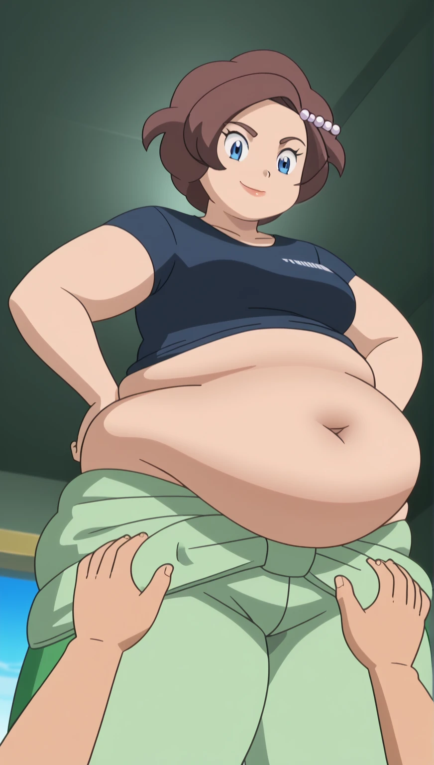 Girl wearing a white sports bra((Small breasts)),Light brown hair,blue eyes,short hair,Blushed,Captivating look,vapor,Sweaty skin,Wide hips,Heavyweight body type,Wearing short training tights,Plump figure,Underwear only,Large, swollen areola,Puffy nipples,Curve,Lean back