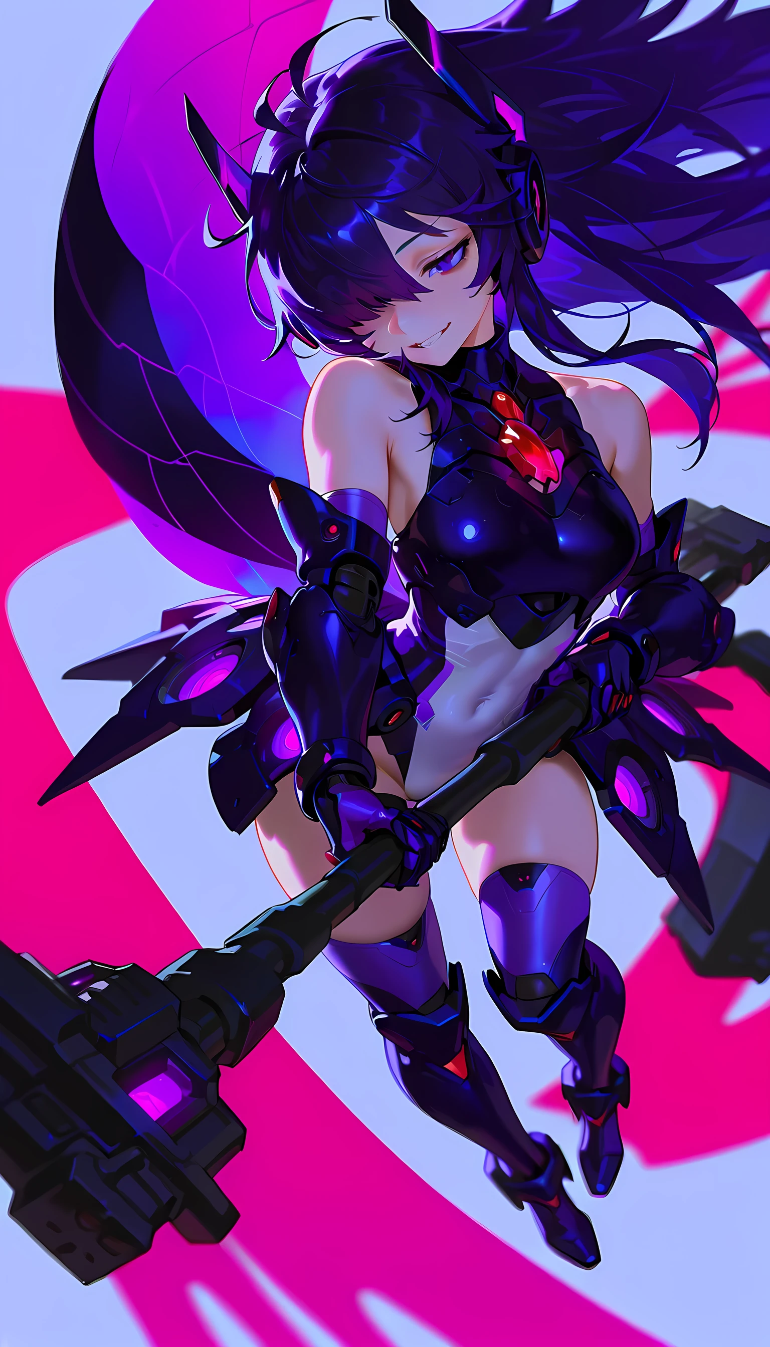 An evil magical girl in a skimpy outfit stands alone. Her costume is made up of latex fabric and transparent tights. She wears sharp black bikini armor. A hair ornament with sharp angles on her head. short hair. Sharp claws on her fingertips. A heart tattoo around her navel. pink eyes that shine with light. Futuristic machines in the background