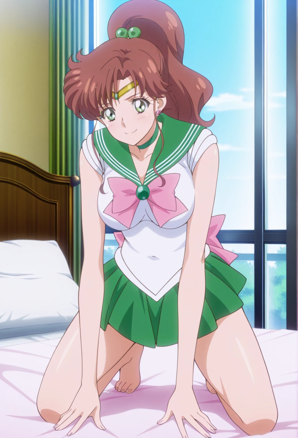 best quality, high resolution, 1990s \(style\), retro artstyle, 1990s anime cels style, night, sailor jupiter, (lying, on back), blush, embarrassed, camel toe, (legs up, spread legs), sailor senshi uniform, medium breasts, green sailor color, white gloves, green pleated skirt, pink ribbon, ponytail, (clothed:1.3), jewelry, earring, bed seats
