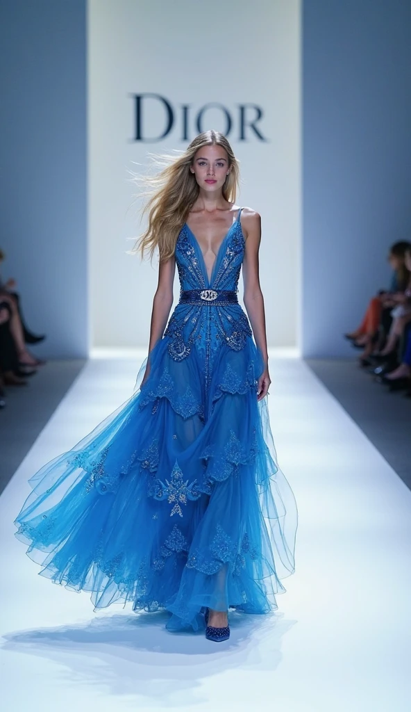 (Photo of female model walking the catwalk in sapphire blue ocean haute couture）,Haute couture, Witch clothes，The scene of the Paris fashion show，Catwalk scene，（full bodyesbian：1.37）.Beautiful shoe background：The stepped stage is covered with fine sand，Jupiter，Recife，Sand and foam, dust kicked up，Blue swirls swirl like bubbles, Absurdly long hair,, 
Background with: 
inside in room：Catwalk scene， (((Runway scene))), (Snowflakes in the background)Ray tracing, god light, hyper HD, A masterpiece of anatomical knots，Can make the skin textured, Super detail, High details, High quality, Award-Awarded, Best quality, A high resolution, 8K，Catwalk scene，Shoot from the bottom up，Find it in Ultra HD, Masterpiece, Charming eyes，Anatomically correct, Textured skin, Super detail, Award-Awarded, Best quality, 8K vistas, Catwalk, Realistic, Fantasyart，