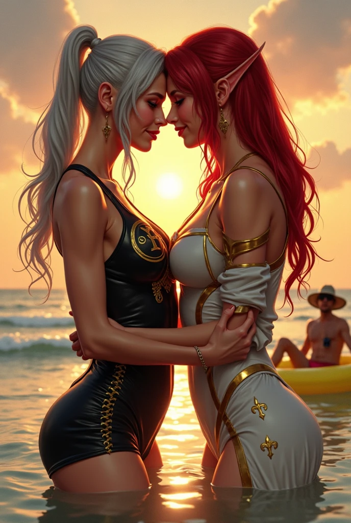Two athletic, fit, slightly muscular, tattooed, busty girl, perfect face with freckles and perfect body, on beach, sunset, heavy rain. Long hair, one girl with red hair and the other one platinum-blond hair. Naughty grins, very wet and sweaty, naked, breasts exposed, butt exposed. They are hugging. The red hair girl is full handedly squeezing the blonde hair girl's breasts, as they are french kissing passionately, with tongue. Perfect beauty. Lesbian passion.