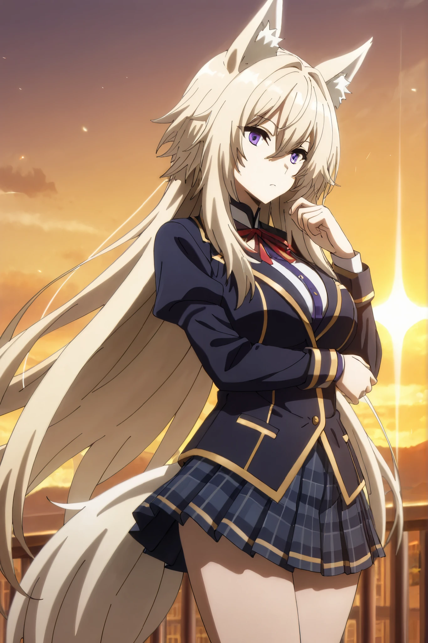 masterpiece,Highest Quality,high resolution,very detailed,Zeta\(kage no jitsuryokusha ni naritakute!\),animal ear、purple eyes、golden hair,tail,school uniform,miniskirt