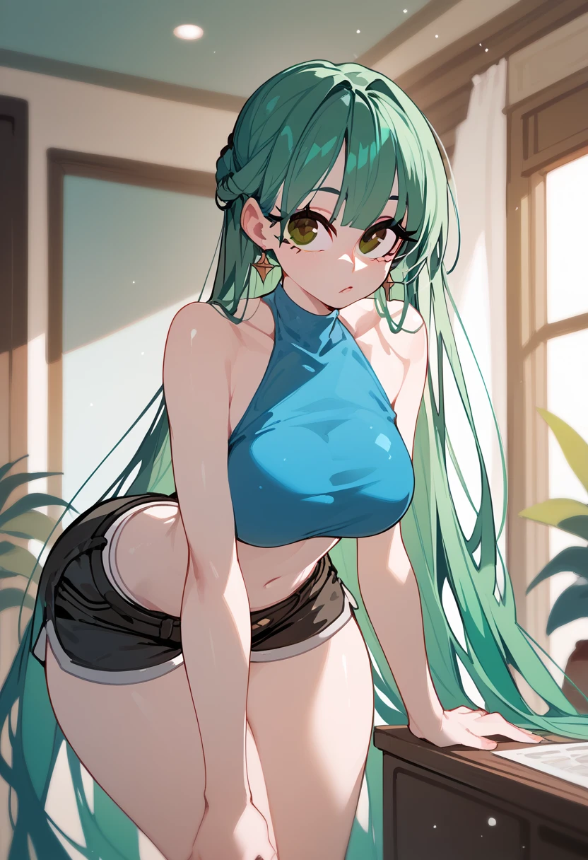 Lum invadeer, Colossal tits, Chest sheer,Wet, Sweat, Best Quality, Ultra high definition, max resolution, Ultra Detail, Anime, Bottom, girl with, Very cute, Medium Hair, Black hair, Hair Ribbon, Hairpin, Colored eyes, Short shorts, Big ass,