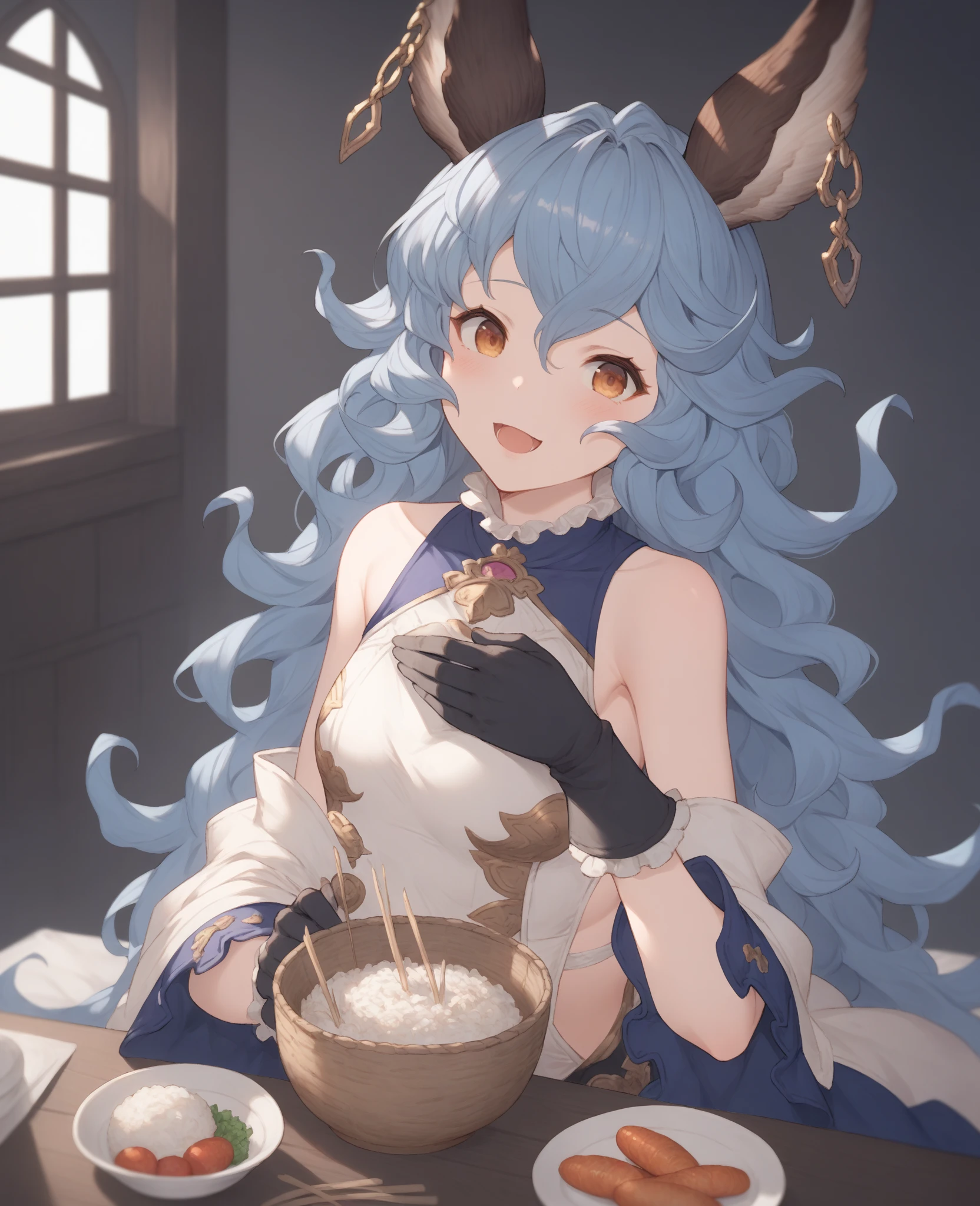 (((masterpiece, best quality, very aesthetic, absurdres))), High-definition background, bright atmosphere, (solo, 1girl), Morning Light in the Kitchen, KitchenRoom, ((large serving rices on table, rice balls, white rice,foods)), BREAK, (aananase), cleavage, (covering breasts:1.4, hand on own breasts, hand on own face, finger to mouth), long hair, twintails, drill hair, halo, fake animal ears, pointy ears, hairband, x hair ornament, [large breasts:0.6], (feathered wings), white dress, bowtie, belt, sleeveless, detached sleeves, white pantyhose, (looking at viewer:1.2), embarrass, blush, BREAK, breast press, bare breasts, bouncing breasts, puffy areola, puffy nipples