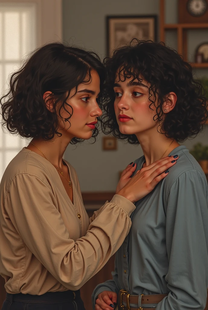 Beautiful Lighting, (1girl: curly hair, short hair), black pajamas, tan skin, alone, freckles, twoheads, in bed, laying on back, ((heads looking away from each other)),