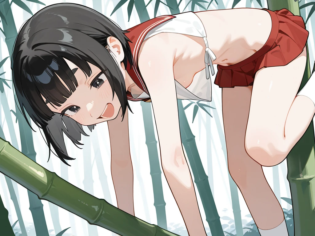 Highest quality、masterpiece、beautiful、detailed、Year: 12、Black hair twin-tailed female elementary school student、In the forest with a shrine、Pouring sunlight、Dynamic pose、Spraying water with a water gun、Angle from below、smile、Slim figure、(Wet and see-through clothing:1)、covered erectile nipples、camisole、Micro bikini、(cameltoe:1)