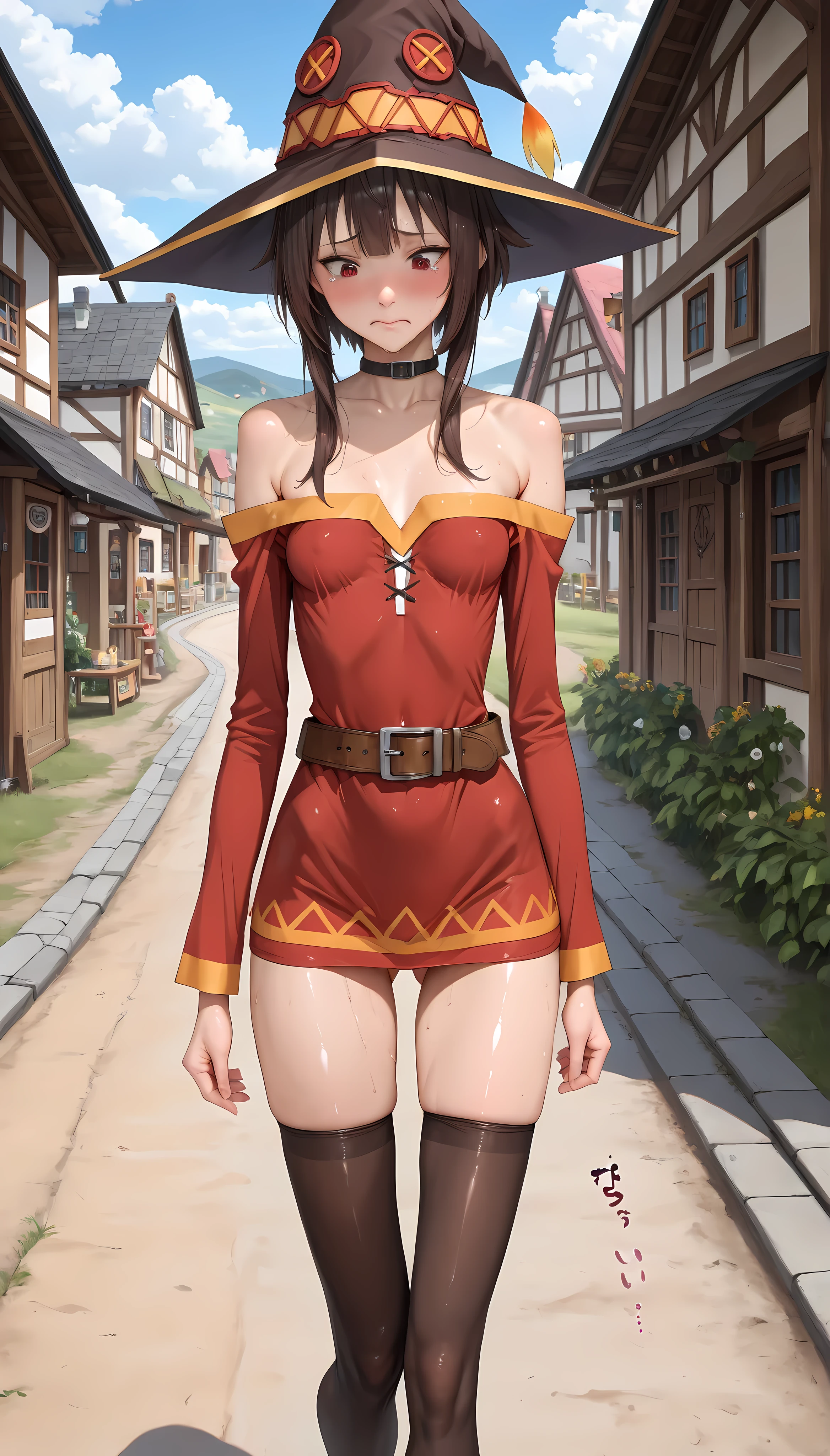 (solo 1 skinny  12 years old:1.2), the middle ages, (red short hair:1.3), (short dress:1.2), (plunging neckline), wiry corset (emphasize cleavage), (very short torso:1.3), (inconceivably thin narrow waist), short (brown capelet), BREAK, (flapping very short brown skirt:1.3), emphasize thigh gap, (thin long legs), BREAK, (12th Century Europe)