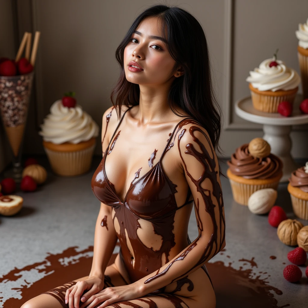 (in 8K、超A high resolution、Best Quality、masutepiece、Beautiful face)、(((Photo from directly above)))、(((Show me the woman from head to toe)))、(((deep ebony skin woman:1.5)))、(((Please put pink pig ears on your head.)))、(((A woman wearing a brown high-leg leotard、I&#39;m sleeping on my back on a platter.)))、short-hair