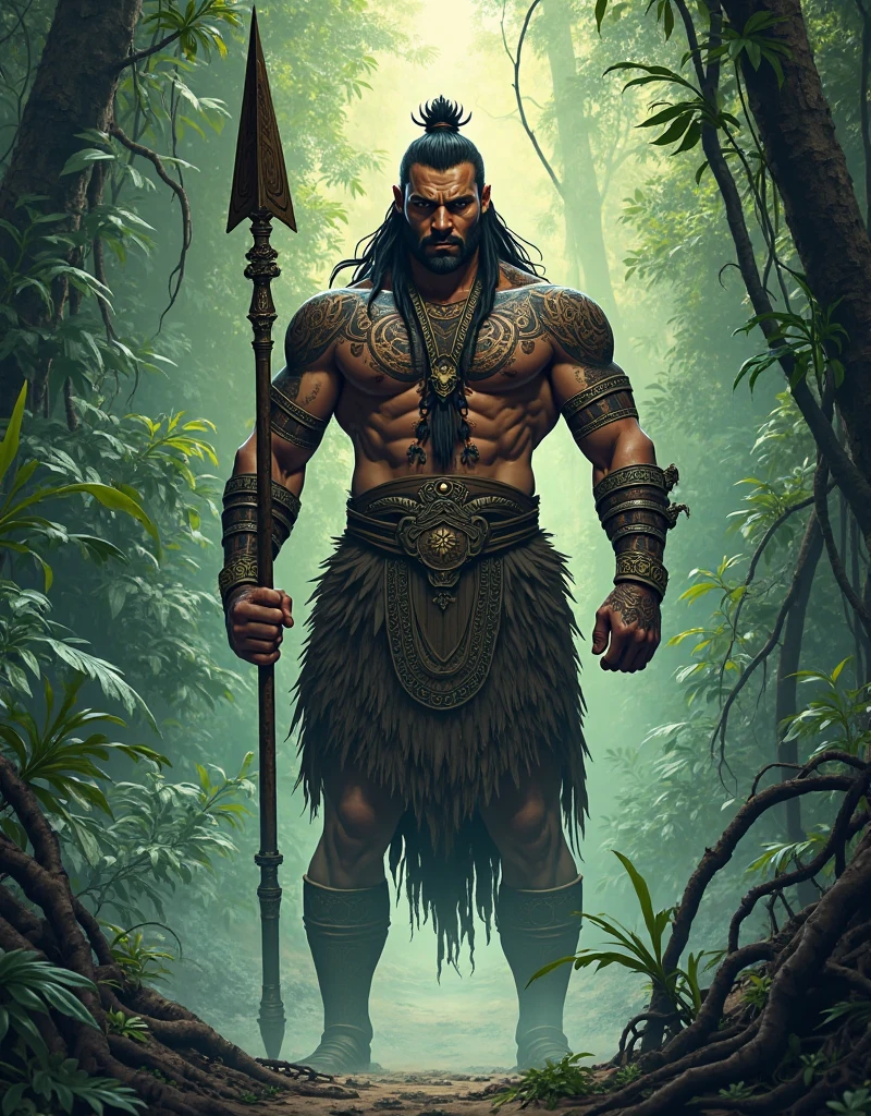 A PNG man wearing a army green jean holding a stone axe, standing in the middle of the tropical rainforest has a tattoo on his chest name LAPUN, has a smoldering looks, has a PNG long dirty hair, has a PNG skin colour in eastern highlands province