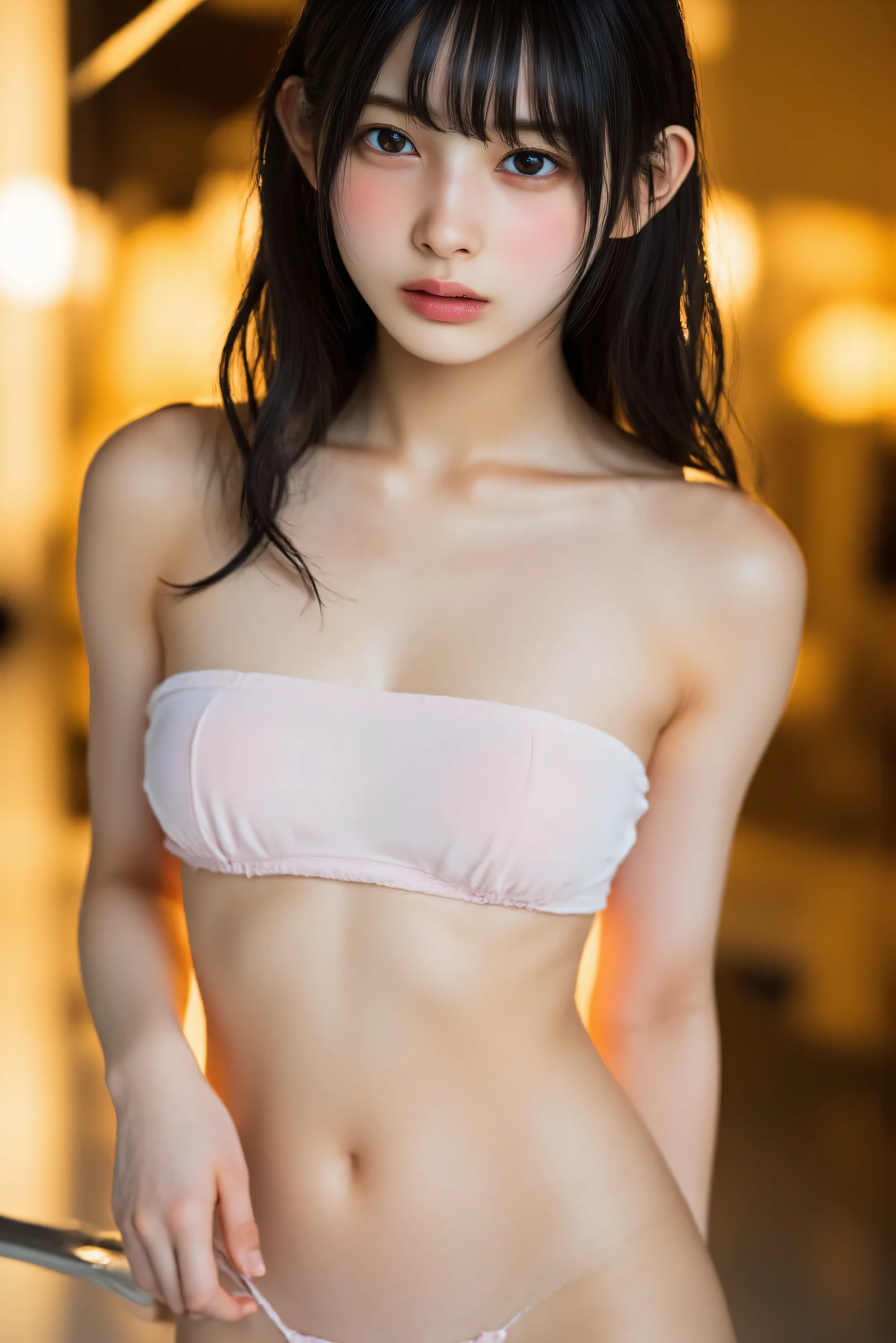 liquid thong, female focus, 1girl, solo, long hair, earrings, jewelry, simple background, ponytail, low ponytail, grey background, extremely handsome female, (naked body), wearing micro tiny g-string, sheer long robes, single earring, bangs, liquid hair, sky print,