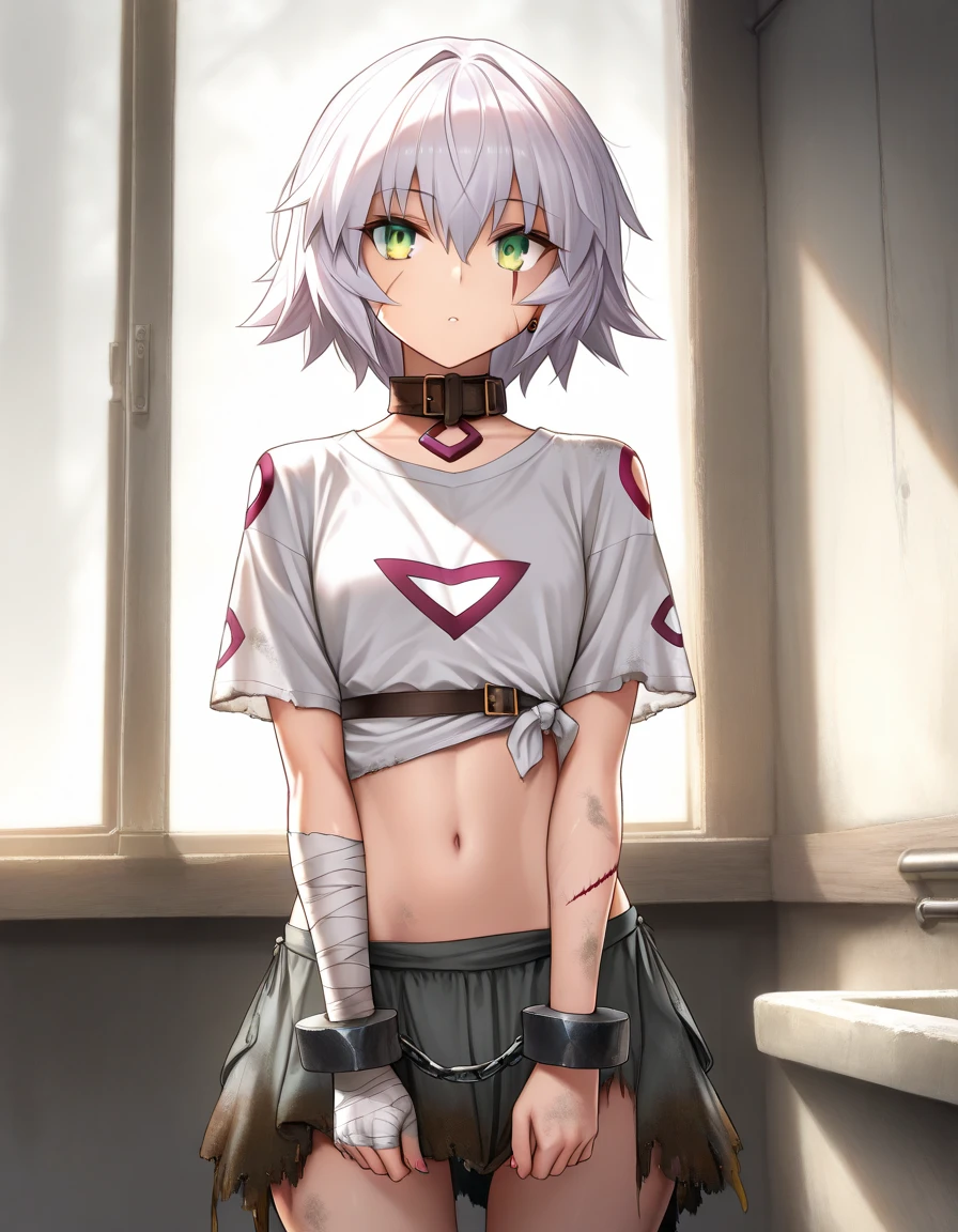 (Masterpiece), (High Quality), perfect light and shadows, sidelight, fairy skin, wet skin, 1 Girl, (((detailed eyes))), deep colds eyes, clear eyes, slim body, bug chest, thin waist, athletic body, white and red multi color hair, bandages, Fashioning cloth, hoody, short skirt, thin t-shirt, bra.