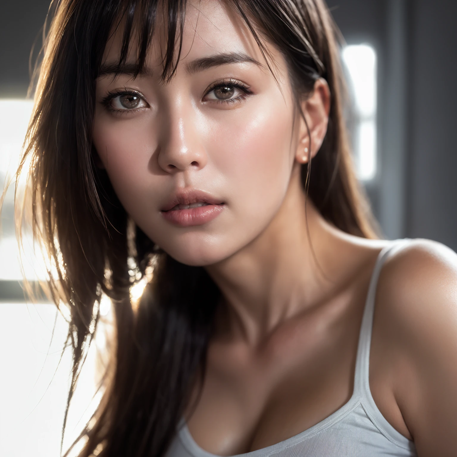 dressed, (photo realistic:1.4), (hyper realistic:1.4), (realistic:1.3),
(smoother lighting:1.05), (increase cinematic lighting quality:0.9), 32K,
1girl,20yo girl, realistic lighting, backlighting, light on face, ray trace, (brightening light:1.2), (Increase quality:1.4),
(best quality real texture skin:1.4), finely detailed eyes, finely detailed face,
(tired and sleepy and joy), (laugh:0), face closeup, t-shirts,
(Increase body line mood:1.1), (Increase skin texture beauty:1.1)
