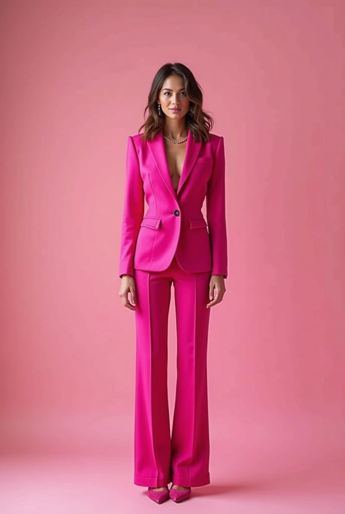 A beautiful 20 year indian model with wavy brown hair, wearing a bold and ((pink orange geometric suit)). Colorful atmosphere, photo studio, artistic,(( black YSL heels)) , reclined on a minimalistic chair