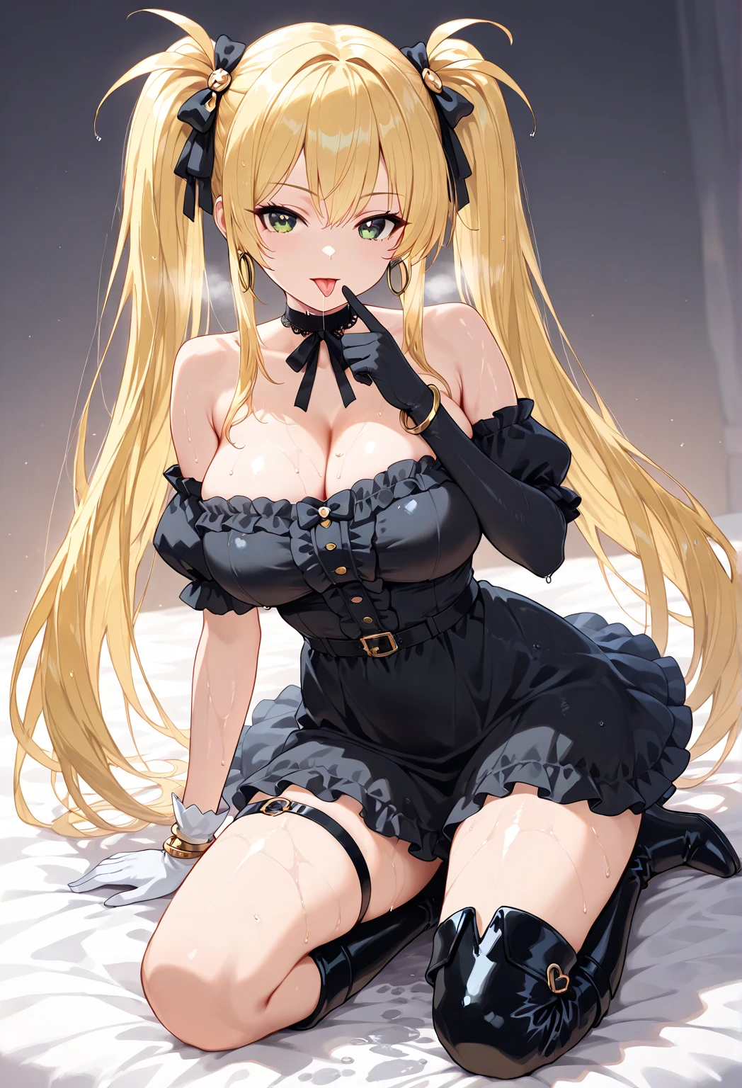((corps entier 5.5, plan large 2.5)), ((sexy)), SFW, on all fours,(masterpiece, best quality:1.4), absurdres, highres, ultra detailed, beautiful, 1girl, (maid), (perfect face, detailed face, beautiful:1.3), (blue eyes, golden hair, bangs, hair intakes, long hair), (natural breasts, cleavage), collarbone, fingerless gloves, gloves,spaghetti strap top, black pencil skirt, tight, over the knee skirt, hat, elegant maid outfit, thighhighs, thick thighs, thighs, multiple belts, ((sexy)), SFW,((legs spread))More detailed 8K.motor irreal:1.4,UHD,La mejor calidad:1.4, fotorrealista:1.4, textura de la piel:1.4, obra maestra:1.8,obra-prima, mejor calidad,objeto Objeto], (detailed face features:1.3),(manos detailed)