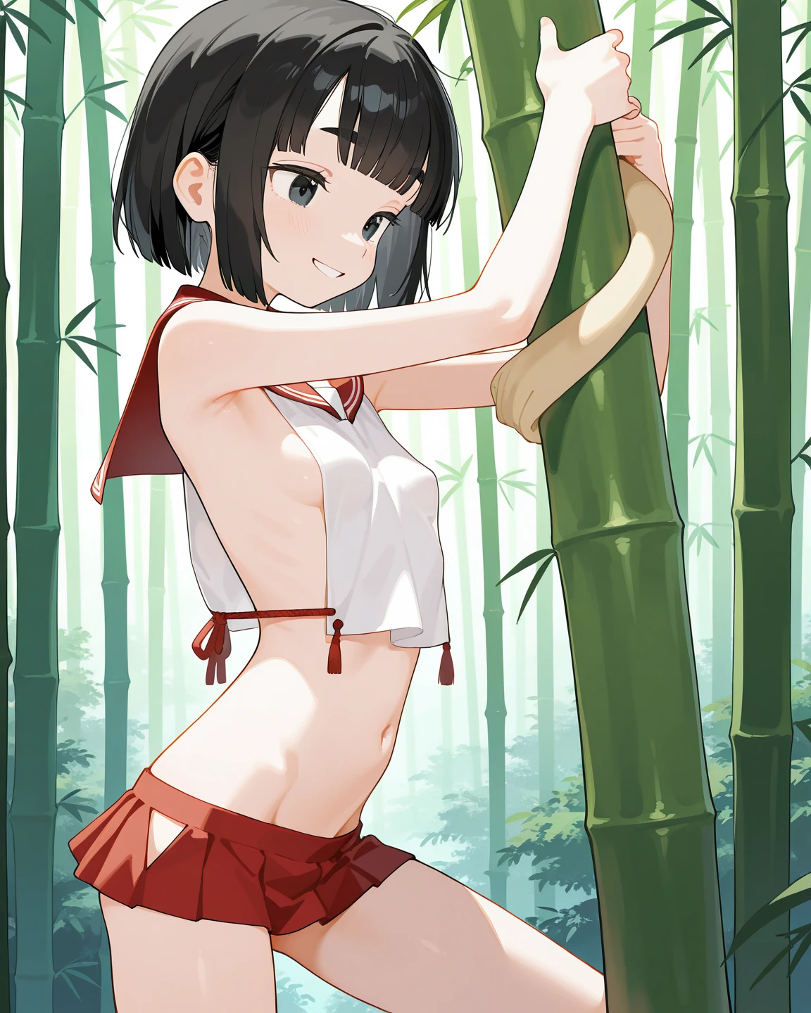Topless girl in fundoshi, fundoshi bondage, shibari, crying, forest, alone, restrained, full body, tied down, abadonment