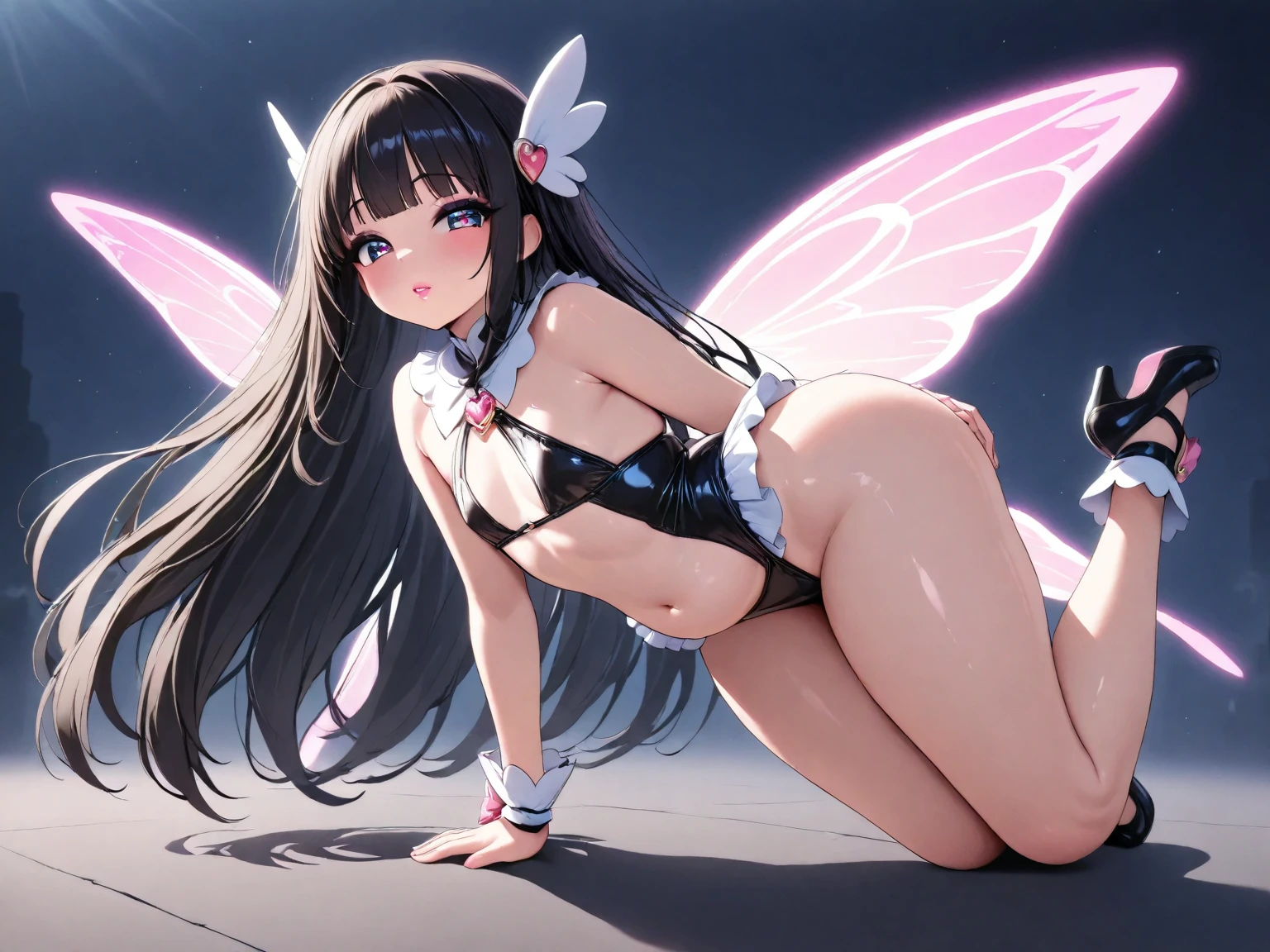 (photorealistic:1.8, highest quality:1.8,8K masterpiece:1.8,High resolution,muste piece:1.8,RAW Photos,cinematic lighting,red and purple dream colors),A world of fantasy and magic,23 year old woman,(long sleeve,bra,mini skirt,choker,Cleavage cut),beautiful butt,blue eyes,beautiful and detailed blue eyes:1.7,double eyelid:1.6,beautiful skin:1.8, (looking at the camera:1.5),(photo seen from behind:1.4),( short Hair:1.2,Beautiful shining blue lime hair:1.5), expression(Impish Smile:1.3,face turns red:1.3),(Moderate chest:1.3), transparent nipples,Pause(crawl on all fours:1.5、beautiful butt、butt focus),background(Fairy forest with blooming flowers),(detailed perfect face),anatomically correct,normal hands:1.5,normal finger:1:5,normal feet:1.5,(cameltoe)