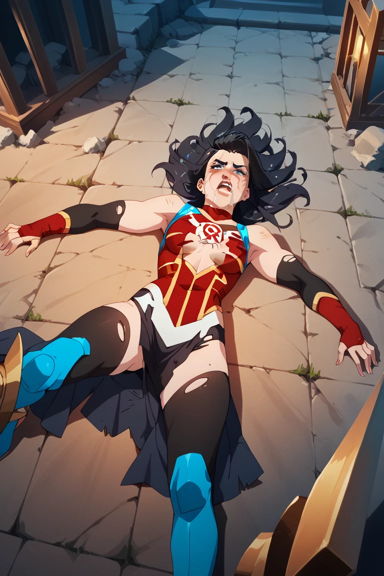 Wonder Woman with abdominal muscles was beaten,Fall to the ground in pain,Obvious abdominal muscles,Abdominal muscle injury and bleeding,covered in blood,Expression of pain