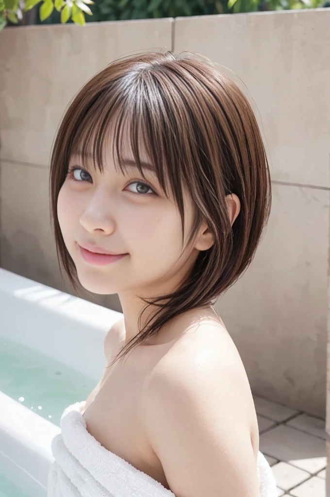 ((nsfw)),bathroom、Bathtub、Submerged up to the shoulders、Visible from the shoulders up、White turbid water、Beautiful face、Lustrous skin、Bob Hair、Brown Hair、1 Japanese girl、masterpiece、Highest quality、Detailed Background、Accurate Face、Accurate 5 fingers、A toy duck floats in the bathtub、