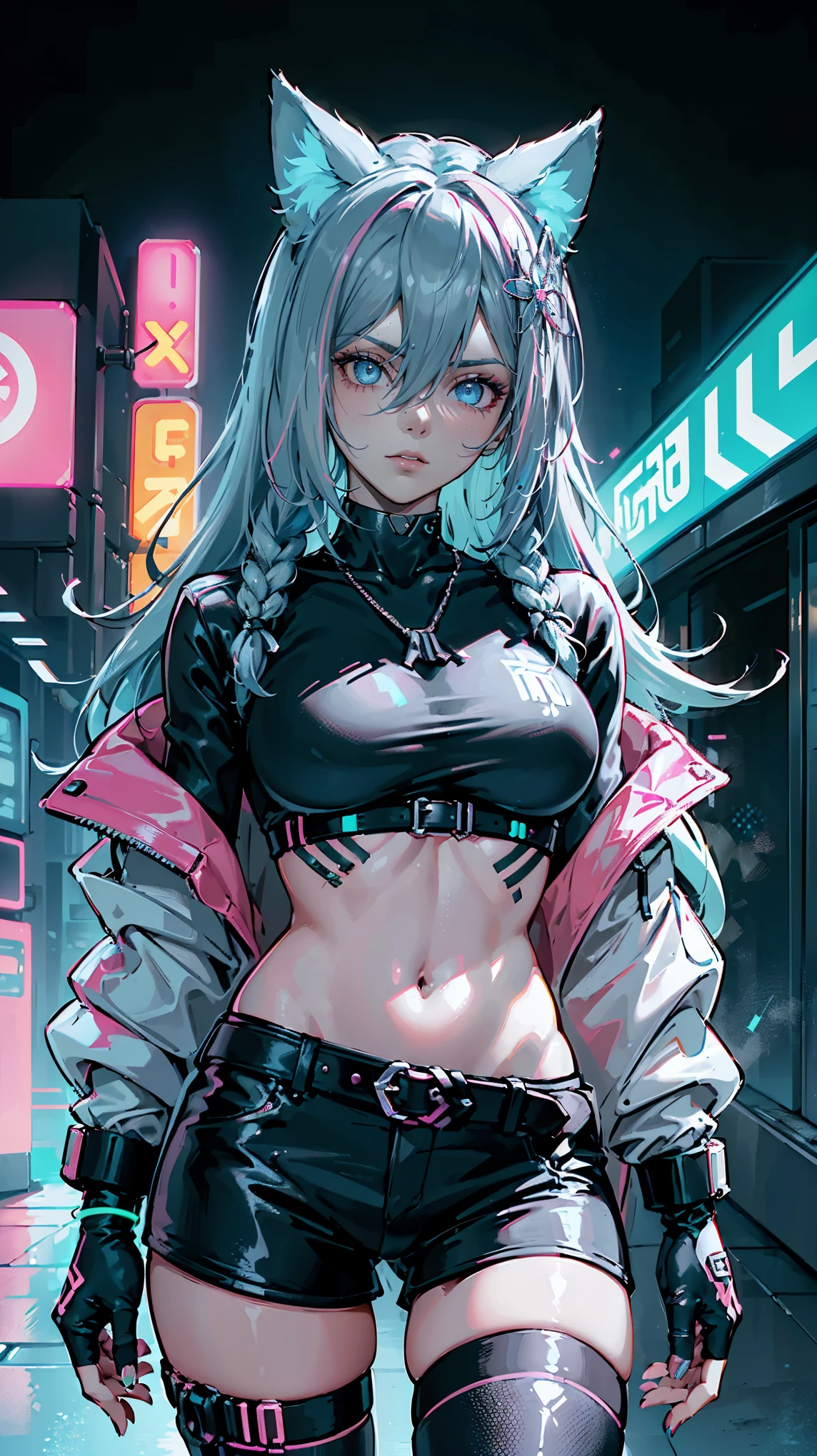 This image features a cyberpunk-style female character (cyberpunk aesthetic) in a futuristic, dark background with neon-lit urban environment (vibrant rainbow neon lighting), (she has striking two-toned hair), ((half blue and half pink bold hair color contrast)), (rainbow hair). with loose strands framing her face, her eyes are bright, glowing cyan (intense glowing eyes), enhancing her digital, futuristic appearance, she wears a cropped, white graphic t-shirt with black and pink text (stylish futuristic fashion), revealing her midriff and a pierced belly button (edgy look), over her shirt, she wears a green, and yellow oversized jacket with a futuristic aesthetic (layered cyberpunk streetwear), her black, high-waisted shorts are glossy and feature multiple belts, buckles, and metallic accents (tactical yet stylish outfit), she accessorizes with a choker, multiple necklaces, fingerless gloves, and thigh straps with utility-style attachments (detailed accessories for added depth), her expression is neutral and slightly serious, with an intense gaze directed forward (mysterious and confident demeanor), she is positioned in front of a neon cyberpunk cityscape, with glowing pink, blue, and yellow signs and futuristic arcade-like machines (immersive futuristic background), the lighting in the image is vibrant, with reflections on her outfit and surroundings creating a high-tech atmosphere (dynamic lighting effects), (((neon))), (((glitching character's color))), (((retro neon art))),(80's aesthetic:1.1), a close up portrait, (((retro neon art))),(80's aesthetic:1.1),((neons:0.8)). 2D, ((neon lighting)), ((glowing neon hair)), ((neon glowing jacket)), fox ears