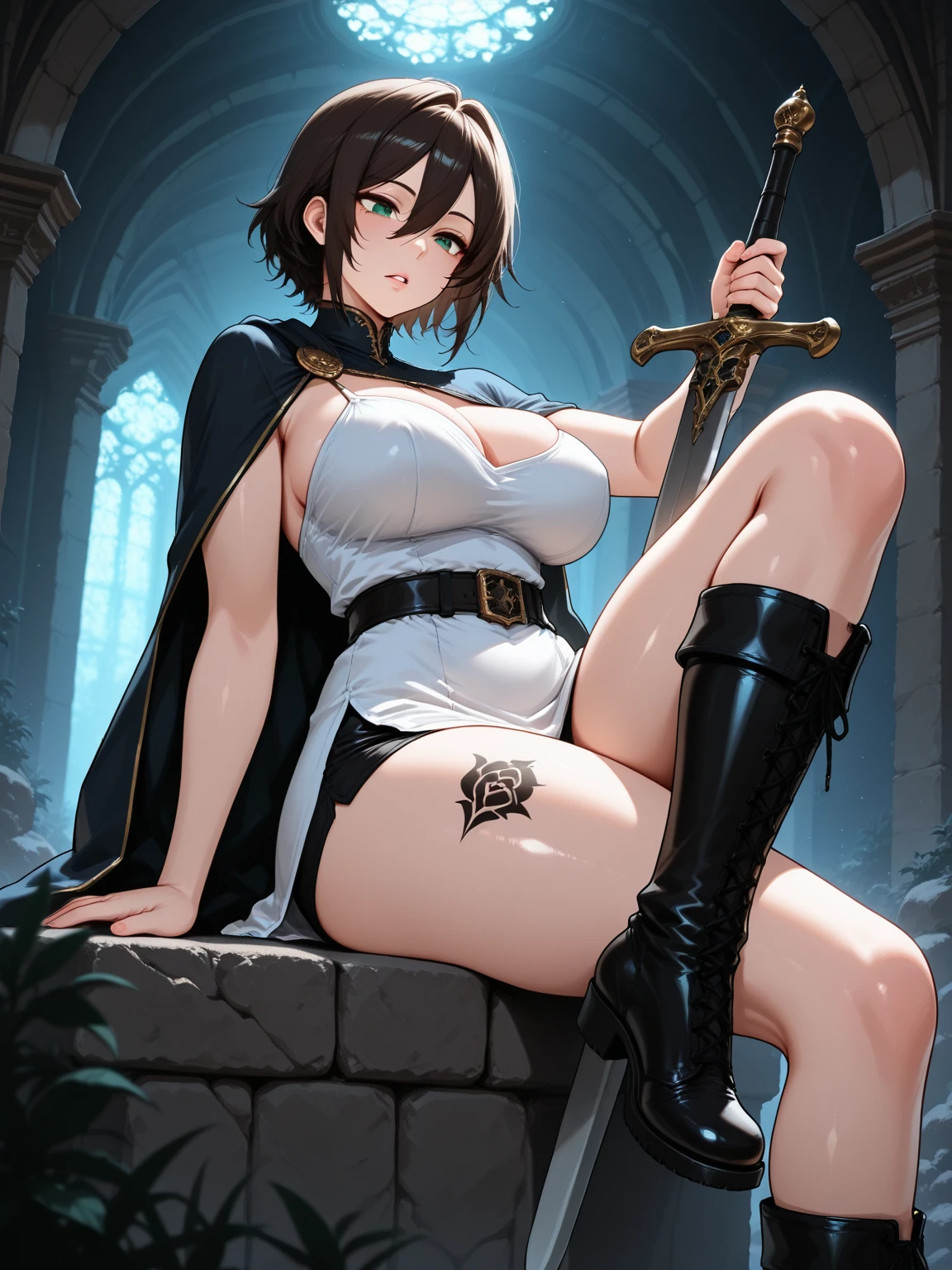 NSFW,Ultra HD,Masterpiece,1girl, 独奏, cute, black short hair, Swollen clitoris,Chained to the clitoris,Long clitoris,torture,Crying,Kneeling on the grass, leaning back, Hands tied behind back,torture,empty eyes, Medieval square, night, depth of field, masterpiece, best quality,,pubic hair,,Nipple piercing,Realistic pussy depicted with precision,girl,With legs apart,