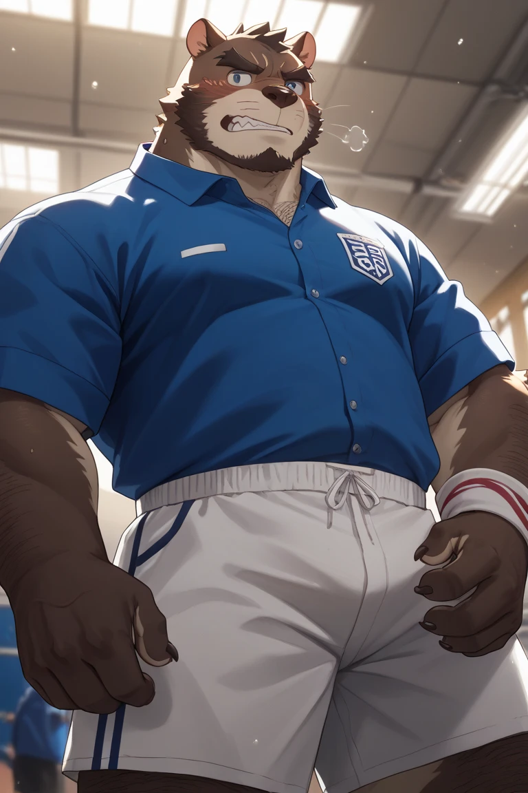 nsfw, solo, (horse), (brown and white body), anthro, male, anthro equine, muscles, handsome, sexy, abs, full body picture of an anthro equine in sports training uniform with military logo on it, hands above head, bracing against the door frame, hands up, PT uniform, jogging shorts and t-shirt, navy emblem on the shirt, equine, no pubic hair, no hair, depth of field, perfect lighting, (light particles),(best quality),(masterpiece),(ultra detailed),sharp focus,light particles, detailed eyes, looking_at_viewer, smiling, furry,