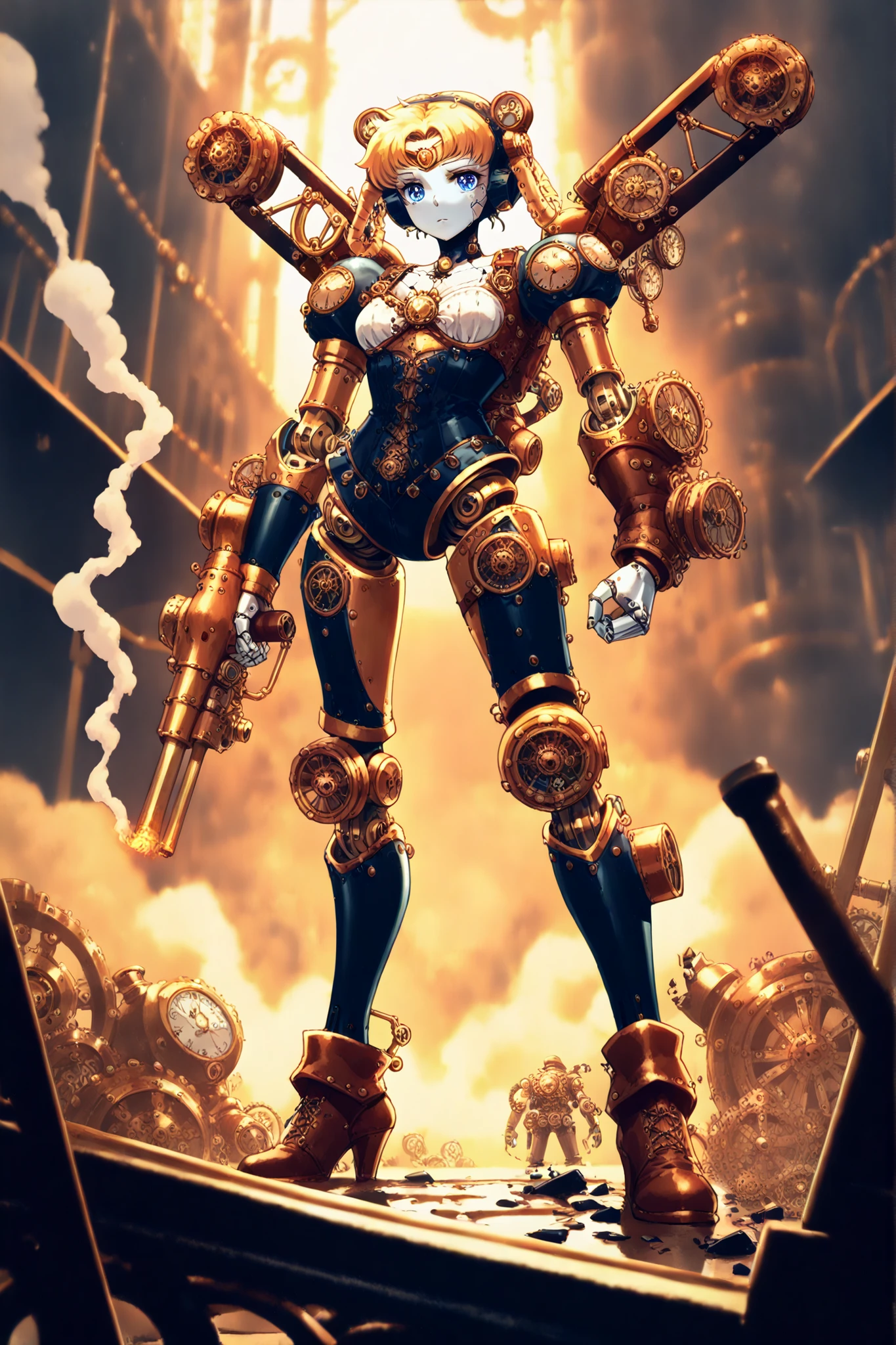 (1broken android:1.5), 8k, masterpiece, (steampunk:1.4), spark, smoke, red mecha suit, sailormoon mecha.