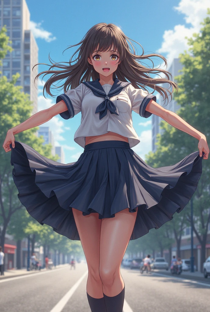 Draw a high school girl wearing a short skirt on her way to school when suddenly her panties slip down her legs. She immediately pulls her panties back up and then her skirt comes undone and falls down. A strong wind blows by and blows her skirt away., The girl tried to pick up her skirt.