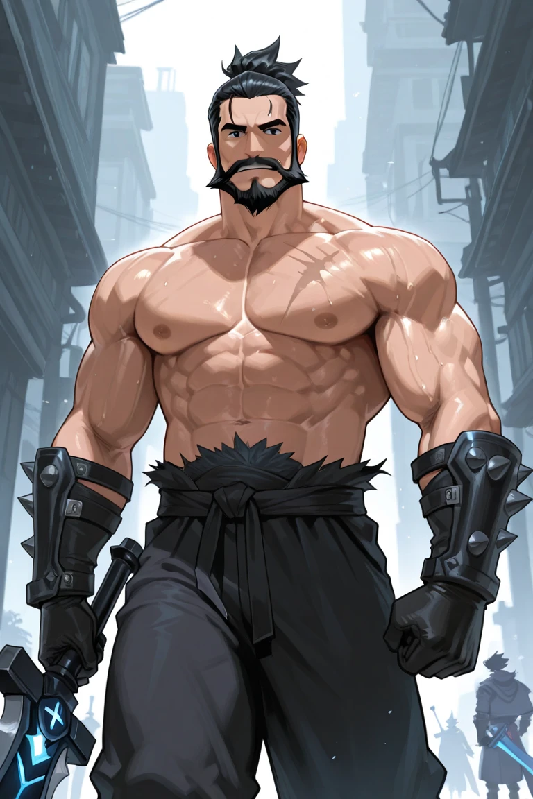 Gere uma imagem arte de anime de um monstro grande , muscular he has dark skin , muito amedrontador, a imagem tem que ser estilo anime