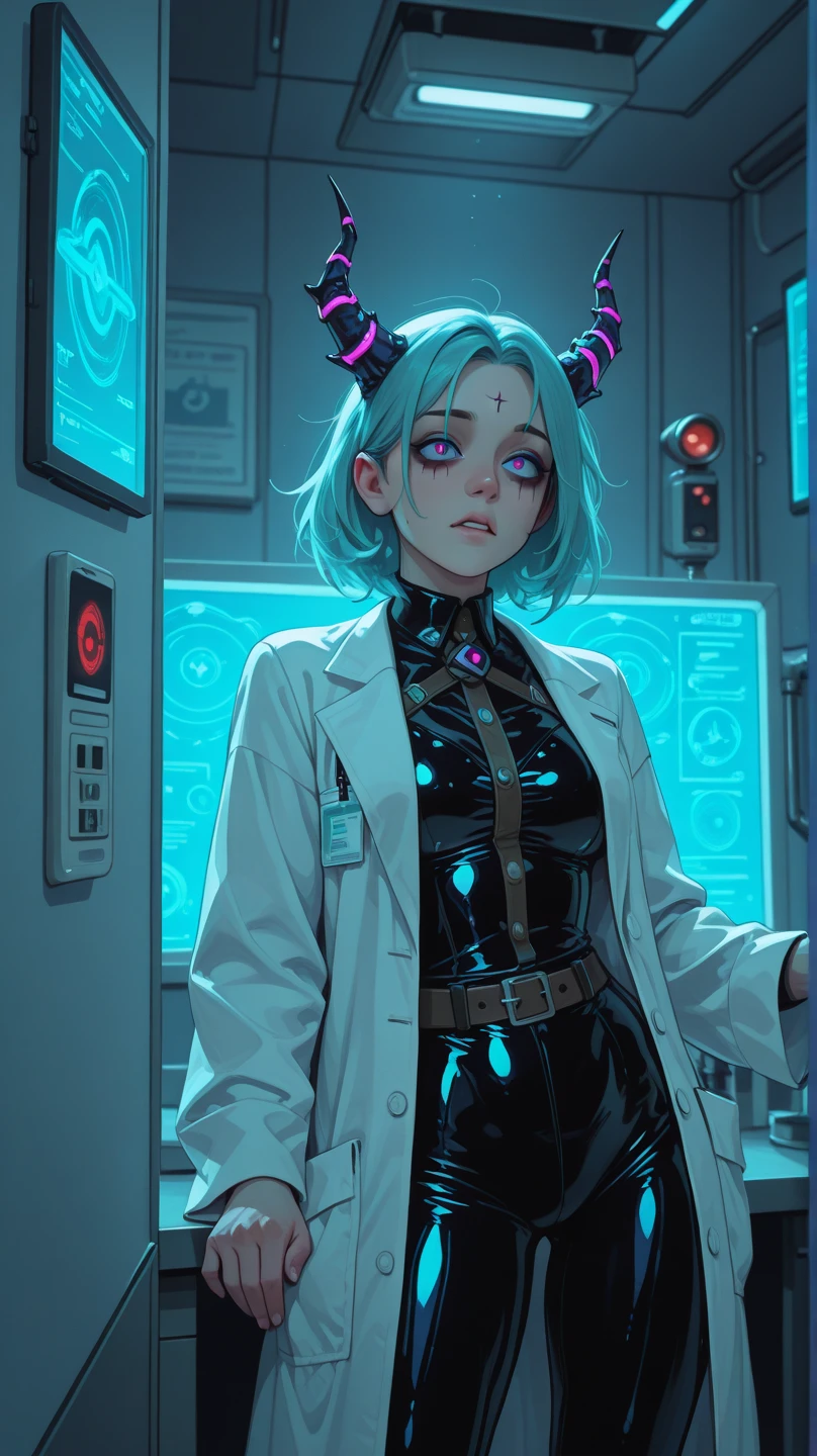 (ghosty:1.85) (doctor:1.5) (nurse:0.4) girl, (white doctor coat:1.4), (spirit, spiritual:1.2), 1girl, perfect and well designed glowing shiny eyes, (beautiful detailed eyes:1.05), natural medium breasts, slim body, beautiful and delicate cute face, (face detail), ((realistic face)), pores, ((pale grey skin)), detailed skin, realistic skin, (((bioluminescence))), ((shiny skin)), (multicolored gradation skin), (monster girl:1.25), human face, medium length hair, hair voluminous, (((((multicolored gradation hair))))), (dark-haired:1.65), super high resolution, 8k, parameters Best quality, (masterpiece:1.4), (magic accessories:1.4), bracelets, extremely detailed thick tight ((white:1.5), (green:1.2), (pink:0.5)) (medical uniform:1.2), (shirt:1.4), skirt, (standing nipples under cloth:1.2), (neckline:1.3), (cleavage:1.1), (decolette:1.15), Young Girl, Little Beast, (Smile:0.9), (pale Skin:1.85), ultra detailed, photorealistic, ((Real image)), (best quality:1.4), super high resolution, (Realistic 2.0), More details, (((1girl))), {(medical ward:1.2)|(doctor office:1.2)}, (beautiful and aesthetic:1.2), (fractal art:1.4), (cinematic light:1.1), (close DUTCH ANGLE:1.2), 16K, HDR, RTX, Ray Tracing, Radiosity, Anisotropic Filtering, Subsurface Scattering, (((magic lights))), metallic reflections, Detailed, Realistic, 4k highly detailed digital art, (cool_color), extremely detailed CG unity 8k wallpaper, vibrant colors, (seductive pose:1.6)