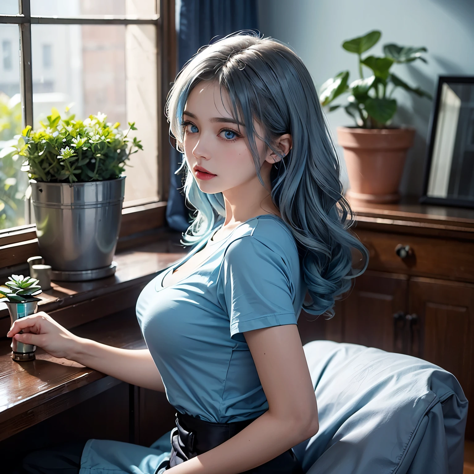 sexy woman, voluminous breast, a 20 year old woman, beauty face, a stern face,  high detail, beauty lips, photorealistic, ultrarealistic, background, rtx on, Color Grading, Perspective, Depth of Field, Field of View, Tonal Colors, 8K, Full-HD, Perfectionism, Rim Lighting, Natural Lighting, Soft Lighting, Accent Lighting, Diffraction Grading, hot woman , super detailed, (( Detailed beautiful blue eyes )) , light-blue hair , straight hair, ( office clothes ), face portrait, look forward