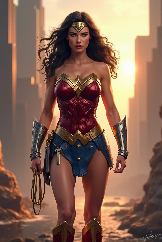 (Masterpiece, Top Quality),1girl ,{{Depth of field}}, Hyper detail, 1woman, (Victoria's Secret Model Wonder Woman), Single, Full Body, (Intricate Details, Makeup), (Delicate and beautiful delicate face, delicate and beautiful delicate eyes, face with perfect proportions), High-detail skin, delicate skin, Best proportions Four fingers and one thumb, strong and realistic blue eyes, realistic black hair, lips, makeup, natural skin texture, tiara, leotard, bulletproof cuffs, red boots,  (public clothing:1.3), slightly sunburned, mature, sexy, elastic muscles, (muscles:1.3), ((strong and healthy body)), ((((((more) muscles))), wet body, wet hair, long legs, curves, thick thighs, wide buttocks, thin legs, (big breasts: 1.2), thin waist, soft waist, (delicate skin), (glossy skin), (beautiful and sexy woman), (swollen lips: 0.9), (eyelashes: 1.2), very delicate muscles definition, crossing arms behind the back posture,  A dystopian ghettor controlled by local gangs armed with hacked police weapons such as LED panel lights, EMP blasters and taser shotguns arranged in a square shape to mimic existing interior fixtures, ((top quality)), ((masterpiece)), ((realistic)), (detailed),