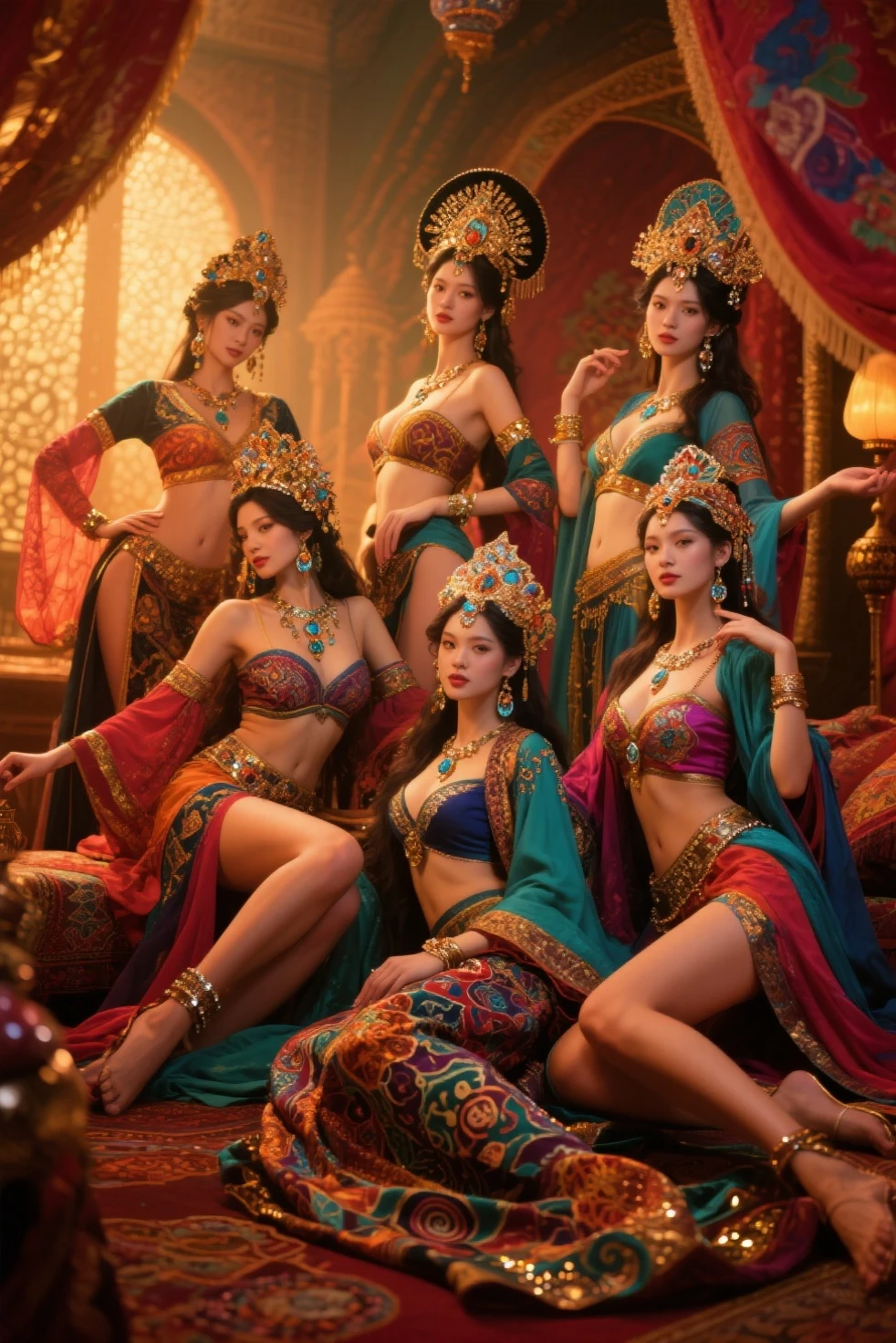 Several busty sexy women with big hips, aged near 20, elegantly dress in Hijabs and adorn themselves with erotic chains as they lounge and play in an opulent harem chamber. Their seductive gazes pierce through the room, with beautiful detailed eyes captivating anyone who dares to look. The room itself exudes an air of luxury, decorated with plush silk fabrics, vibrant colors, and intricate patterns, transporting you to a mesmerizing Conan fantasy world.

The women's lips, equally alluring, are depicted with utmost attention to detail, adding a touch of sensuality to their enchanting presence. They embody power, confidence, and femininity, each exuding a unique aura that enhances the overall allure of the scene. The chamber is filled with a warm, golden glow, accentuating their beauty and casting soft shadows that enhance their voluptuous figures.

The composition of the image is carefully arranged to highlight the women's curves and emphasize their captivating charm. Their poses range from reclining on plush cushions to gracefully stretching their bodies, creating a harmonious flow that enhances the immersive experience. The luxurious surroundings are tastefully adorned with intricate tapestries, exquisite jewelry, and lavish furnishing, reflecting the opulence of the harem.

It is clear that every aspect of this artwork has been meticulously crafted to evoke desire, passion, and a sense of mystique. The quality of the image is unparalleled, boasting a best quality, ultra-detailed depiction on a large scale, with sharp focus on every intricate detail. The art style seamlessly blends realistic and photorealistic elements, capturing the essence of the Conan fantasy world.

The color palette chosen for this artwork is rich and vibrant, with deep jewel tones accented by pops of gold and silver. This combination creates a visually striking contrast that further enhances the allure of the women in their Hijabs. The lighting in the chamber is strategically placed, casting dramatic shadows and creating a captivating interplay between light and shadow that adds depth and dimension to the scene.

In summary, this seductive masterpiece features several busty and sexy Malaysian women with big hips, dressed in Hijabs and adorned with erotic chains, as they lounge and play in an opulent harem chamber. The artwork itself is of the highest quality, boasting ultra-detailed and photorealistic elements, capturing the essence of the Conan fantasy world. The scene is bathed in a warm, golden glow, highlighting the women's captivating beauty and accentuating their sensual presence. The composition, color palette, and lighting all work harmoniously together to create an alluring and mesmerizing artwork that transports viewers to a world of desire, luxury, and fantasy.