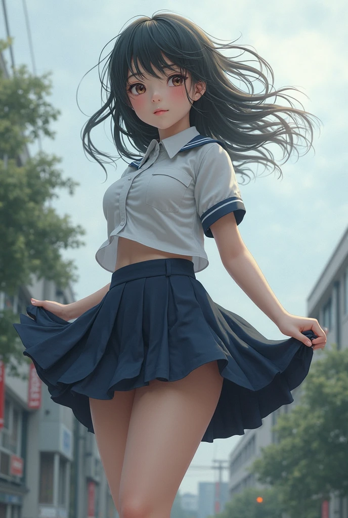 On a sunny day,The sky is clear,Dark clouds shine,Shine on the girl's delicate and good-looking face,The JK skirt on his body was blown up by the wind,The girl showed a shy expression,A smile appeared on his face,Hot figure,Wearing white silk