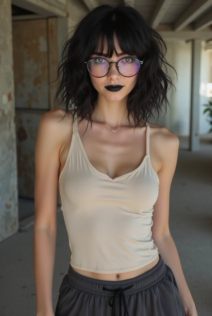 professional portrait, goth girl, velma from scooby-doo, a girl wearing eye glasses and an orange top, gorgeous figure, interesting shapes, hyper realistic, ultra detailed photograph, wearing an off shoulder slim sweter, detailed gorgeous face, natural body posture, captured with a 85mm lens, bokeh, ultra detailed, ultra accurate detailed, bokeh lighting, surrealism, urban settin, ultra unreal engine, intricate, epic, freckles, goth style mood, dark eye makeup, in the style of jessica drossin, dima dmitriev, life-size figures,