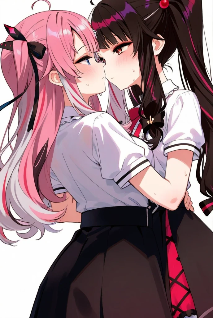 2girls、nightcity、Great body、Great legs、Comes a cardigan over a bra、A dark-haired、Holding a weapon with blood on it、Looking at the camera、Cherry blossoms are dancing、poneyTail、Niō Standing、Holding a knife、Pointed mouth、Ordinary girl、Stick out the body、I'm wearing cute panties、Both are kissing、Touching the body、Licking each other、Kissing、Looks distressed