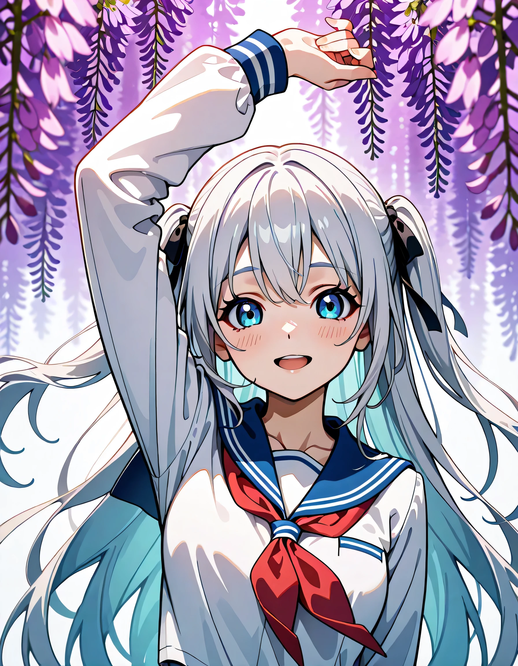 (score_9, score_8_up, score_7_up), source_Anime, absurd_res, white, blue, black, 1girls, solo, upper body, super fine illustration, an extremely delicate and beautiful, best quality, masterpiece, 8K, spring setting, celia-default, celia claire, blue eyes:1.2, sparkle eyes, long silver hair, two side up, hair ribbon with red, fluttering hair, ample breasts, school uniform, sailor suit, traditional Japanese style with navy blue and white colors, happy:1.3, joyful:1.3, laughing:1.3, blush:1.3, looking viewer, along the wisteria blossom:1.3, wisteria blossom petals dancing:1.3, from front, dynamic pose, contrapposto pose, soft fabric movement, warm and bright atmosphere, soft lighting, delicate color palette, detailed clothing folds, flowing hair, lively spring vibe, highly detailed rendering, breathtaking composition,
