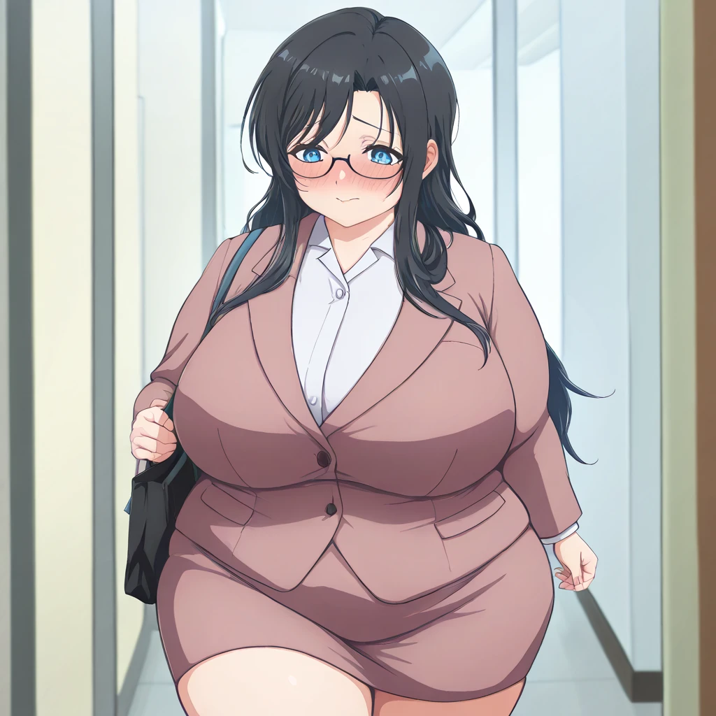 ((High resolution)), masterpiece, high quality, 最high quality, beautiful, Perfect lighting, Detailed face, Super cute face,, ((One girl)), ((alone)), Fluffy hair, Long Hair, blue eyes, ((blush)), Embarrassing, Nervous, shy, View Viewer, Cosmetics store clerk,suit,skirt,tights, (Thick thighs), (Wide Hips), ((Chubby)), (Chubby belly), Cleavage, ((Big Breasts)), 20-year-old female, standing in a hospital, (hospital), Daytime,((chubby))