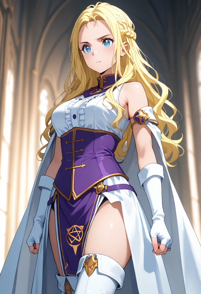 upper body, fe_elimine,(wavy hairs,eductive smile:1.2),half-closed_eyes, dress,gloves, white dress, elbow gloves, single glove,long dress, looking at viewer, cape, jewelry,medium breasts, closed mouth, breasts, white gloves,armlet, bracelet, circlet, gold trim,((Tight leotard)), ((sexy pose)), ((Wrestling ring)),(masterpiece, best quality, ultra-detailed, best shadow)