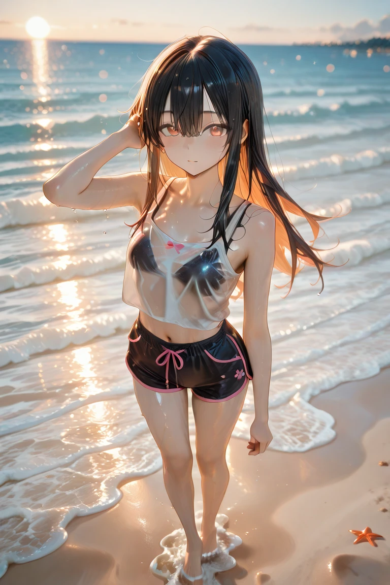 masterpiece, best quality, ultra detailed, highres, extremely detailed CG unity 8k wallpaper, perfect lighting,  very detailed background, Outdoor、beautiful and aesthetic,sharp focus, perfect face, Perfect hands、Perfect Fingers、Perfect toes、Five fingers、
1lady、 smiling、
short black hair, large red eyes、delicate oval face、(flat chest:1.9)、Underlim figure、underboob、
Purple triangle bikini、Seaside、(Sandy Beach:1.3)、Sunset、Sunset、
thin thong、barefoot、Sitting、View your viewers、
Ambient light、Volumetric Light、shoot from side、(Glowing Skin:1.7)、