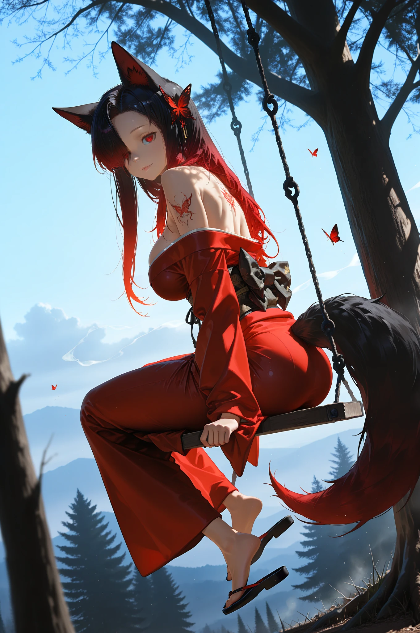 Masterpiece, realistic, in the deep forest of dimly lit Europe, werewolf wearing Little Red Riding Hood, young red-haired long-haired woman walking on all fours in see-through lingerie, 18 years old, skin glossy, full body, thighs, calves, bare feet, werewolf clutching chain with collar, photorealistic, white lace knee-high socks