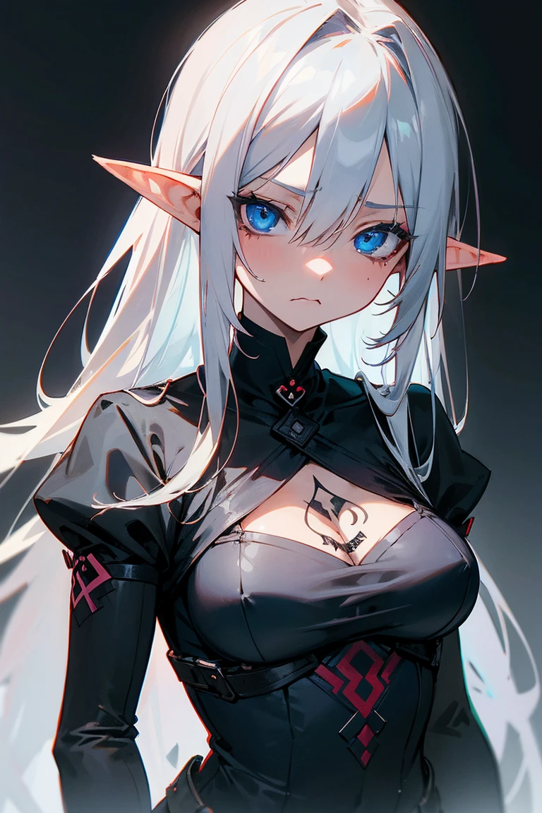 White elf girl, dark grey hair color, very long flowing hair, grey eye color, small eyes, realistic human eye shape, round eye shape, eyeliner, realistic face shape. black lace low cut lace shirt, portrait, wearing a black hood, black background, chest showing, NSFW, Depth of Field. looking at camera, dreamy look detailed eyes, detailed face, detailed skin, Ultra Detailed, Beautiful and Aesthetic, Masterpiece, Best Quality, shoulders showing. lace fabric, round chin shape. wearing black hood over hair. showing full upper body and face. wearing a black hood. hips showing, alot of flairs in background, zoomed out, hips exposed, black and gold. glowing, wearing a black face mask.