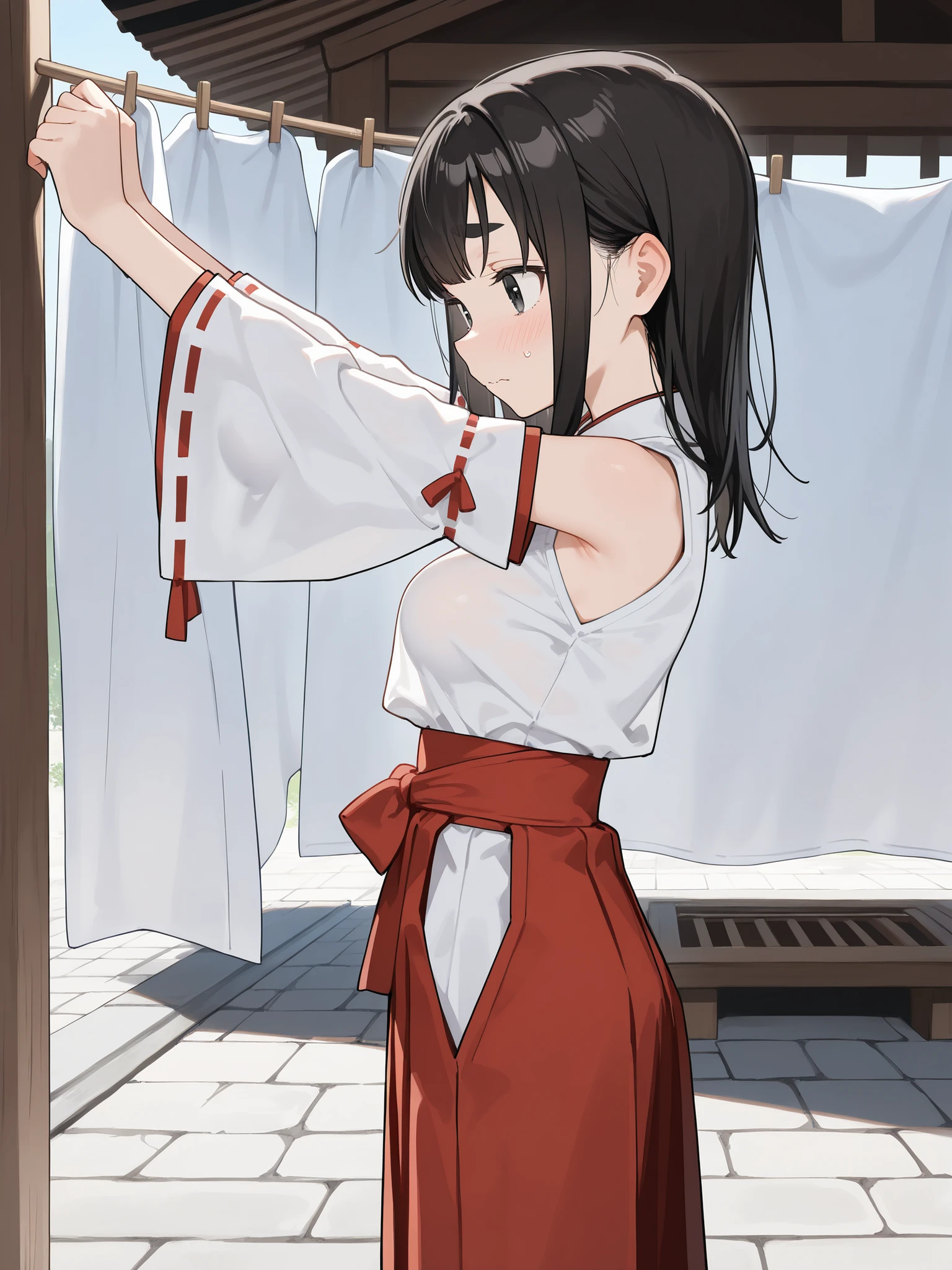 cute girl, schoolgirl, small girl, short girl, tween, (solo), (1girl), (alone), miko, white shirt, white detached sleeves, red trim, long skirt, hakama skirt, red skirt, (medium breasts), skinny, narrow waist, black hair, medium hair, double parted bangs, black eyes, thick eyebrows, standing, looking away, (arms up, outstretched arms, hanging blanket), hanging blanket on clothesline, clothesline, shy, wavy mouth, from side, (outdoors), shinto shrine, stone floor, (masterpiece), (best quality), (amazing quality), (perfect eyes), (absurdres), ((perfect face)), ((beautiful face)), (very aesthetic),