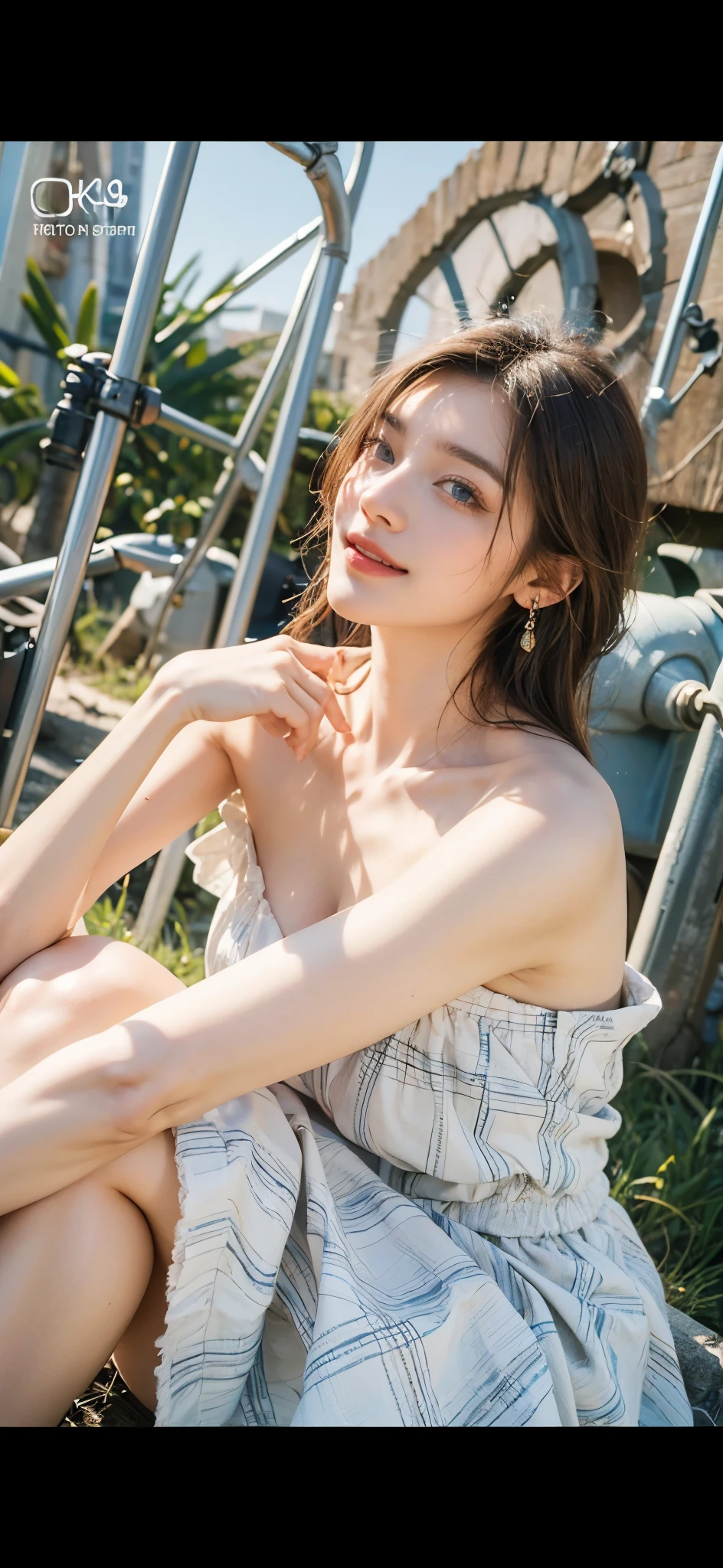 1 Girl, Beautiful, Baby Face, 20 Years Old, White Skin, medium round Breasts, Sleeveless, bulge tit, slip nip, Cleavage, open shoulders, White Modern tanktop, Posing For Photos, Beautiful grass fields, Blue Sky, Brunette shaggy Hair, seductive, ((adorable:1.1)), ((masterpiece:1.1)), half body photograph